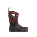 Side view of Trudave BloomBoot Series women’s mid-calf waterproof neoprene garden rain boots in leopard print showing durable rubber design and stylish waterproof construction
