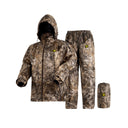 Trudave TrailBlaze Series Men’s Waterproof Breathable 2-Piece Rain Suit in Real Reed Camo – front view showcasing durable waterproof jacket and pants for outdoor hunting, fishing, and hiking protection