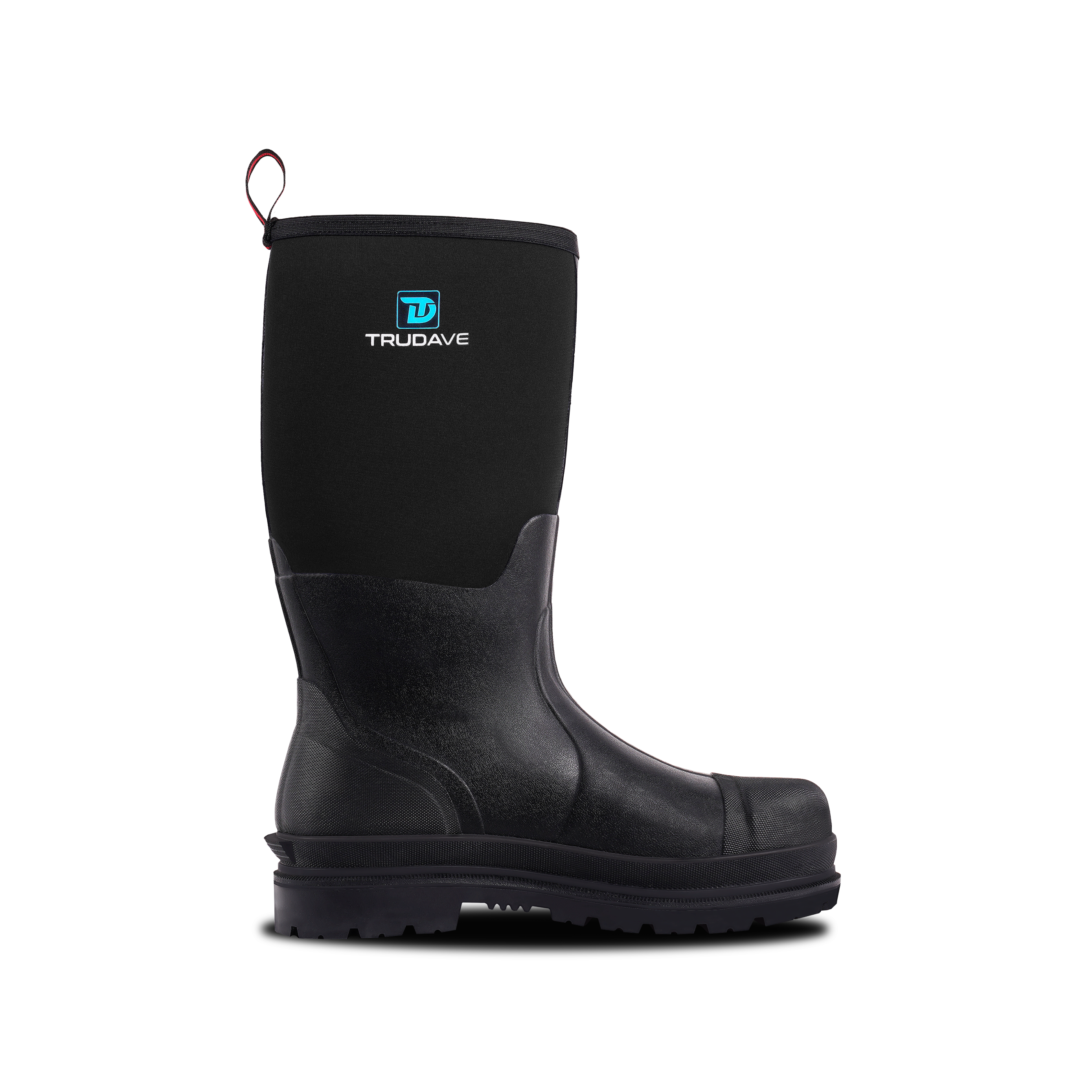Side profile of Trudave IronShield Series tall black waterproof work boots with steel toe – durable rubber construction built for heavy-duty job sites