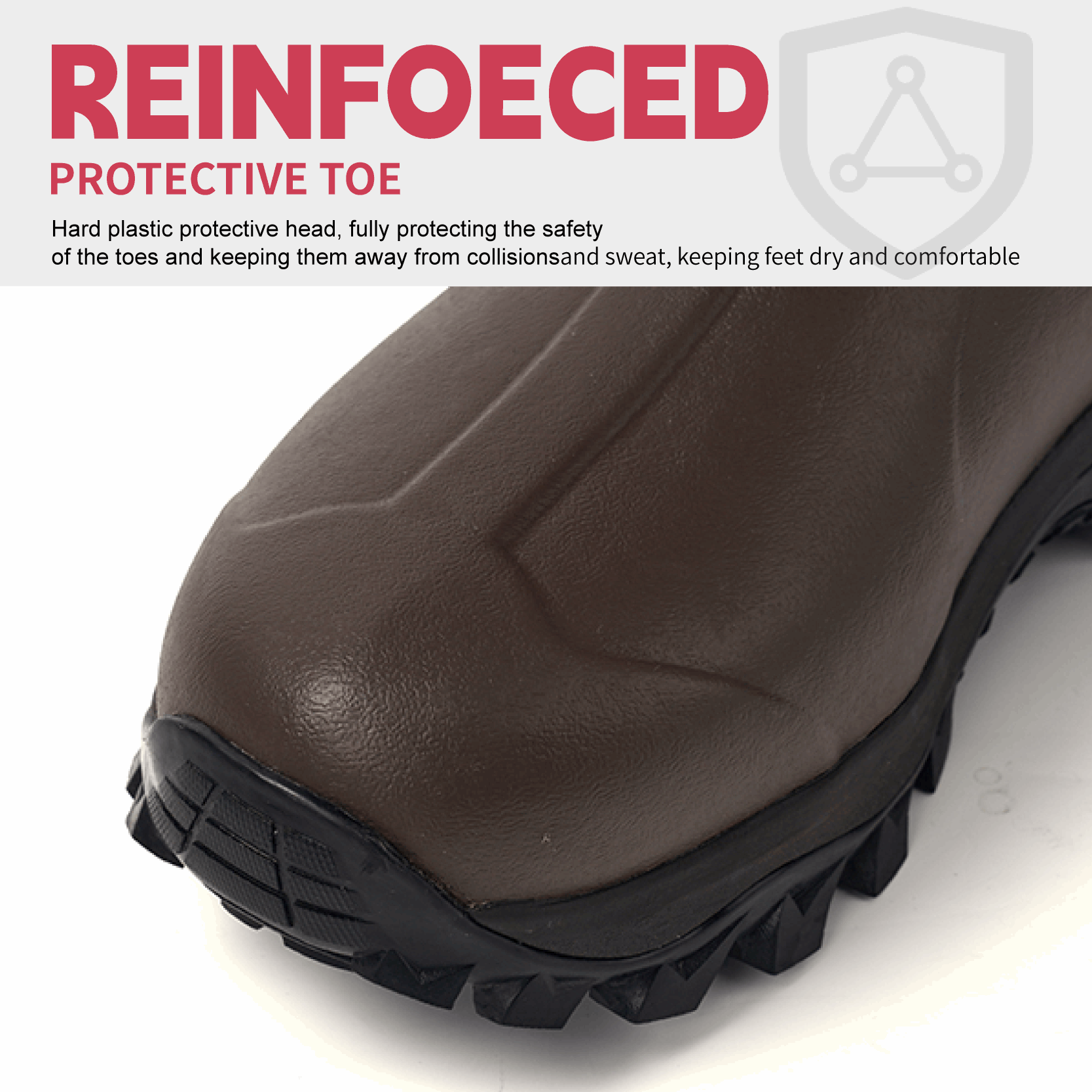 Close-up of toe cap on Trudave TrailMist Series waterproof neoprene muck boots – brown and black design showing reinforced front and durable waterproof rubber construction for outdoor use