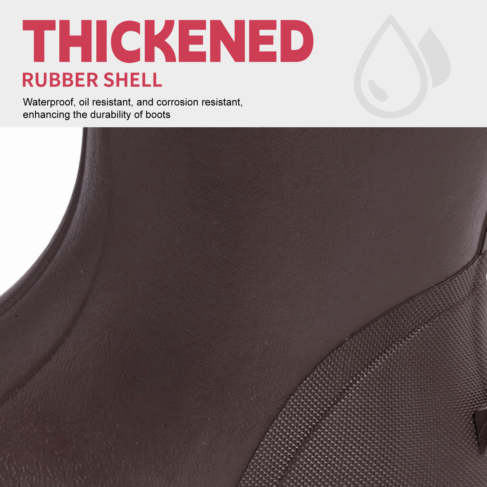 Side detail close-up of Trudave TrailMist Series waterproof neoprene muck boots – brown and black design showing durable rubber texture and reinforced stitching for outdoor use