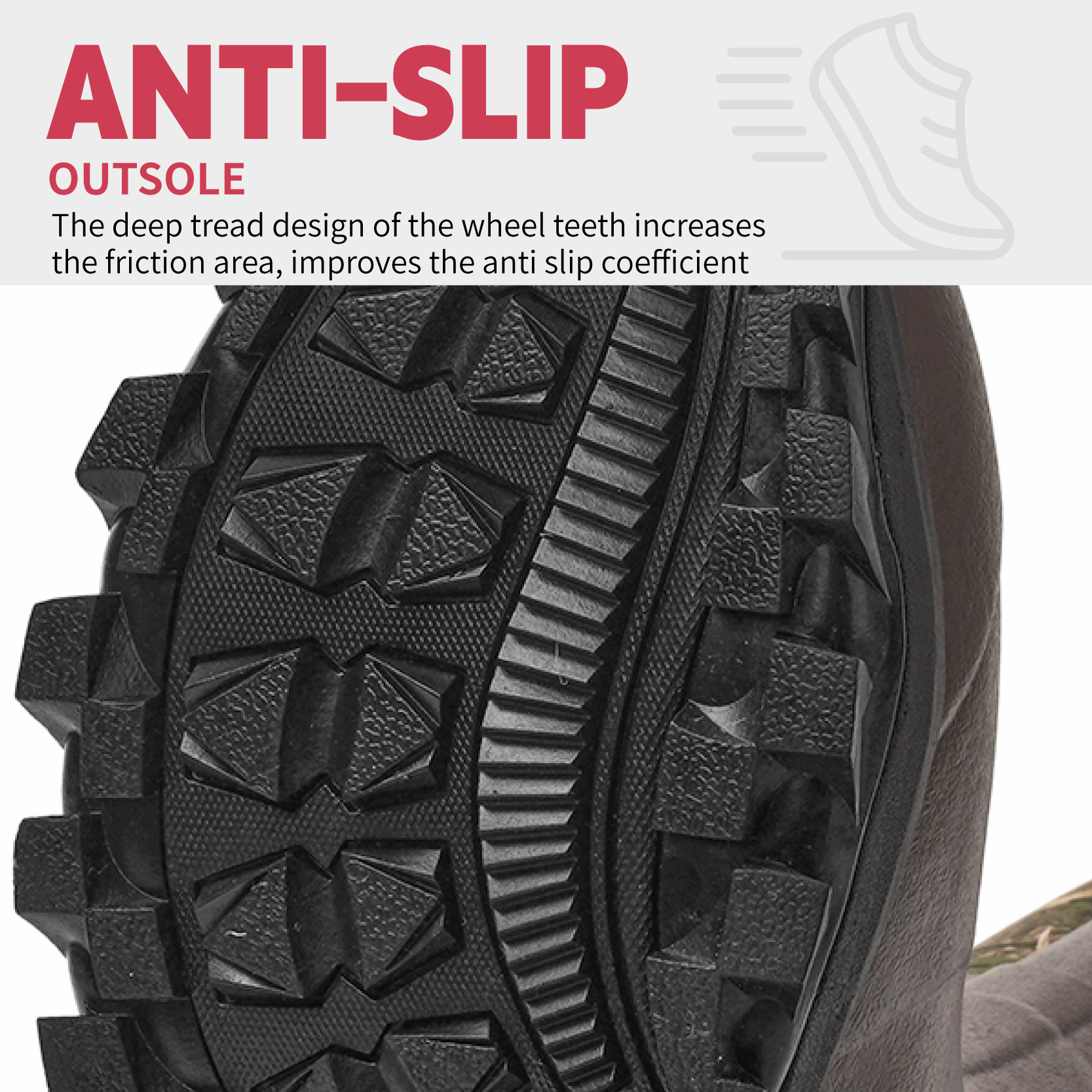 Close-up of Trudave TrailMist Series waterproof neoprene muck boots – brown and black slip-resistant sole showing deep tread pattern for traction and stability in wet outdoor conditions