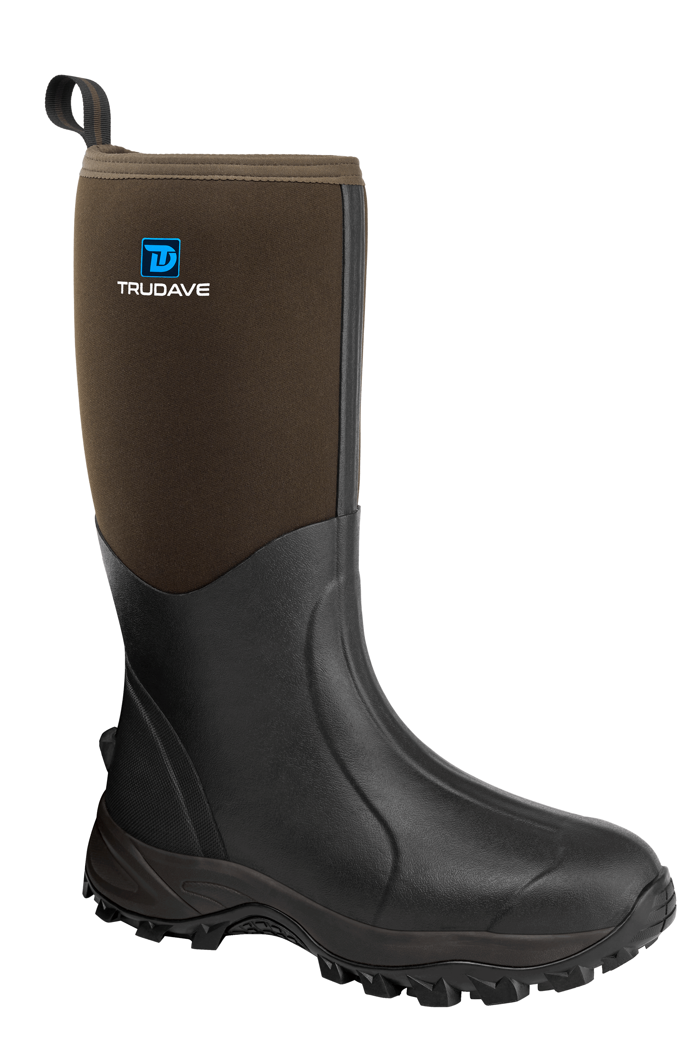 Side view of Trudave TrailMist Series waterproof neoprene muck boots – brown and black design displayed on checkered background highlighting durable rubber build and outdoor performance