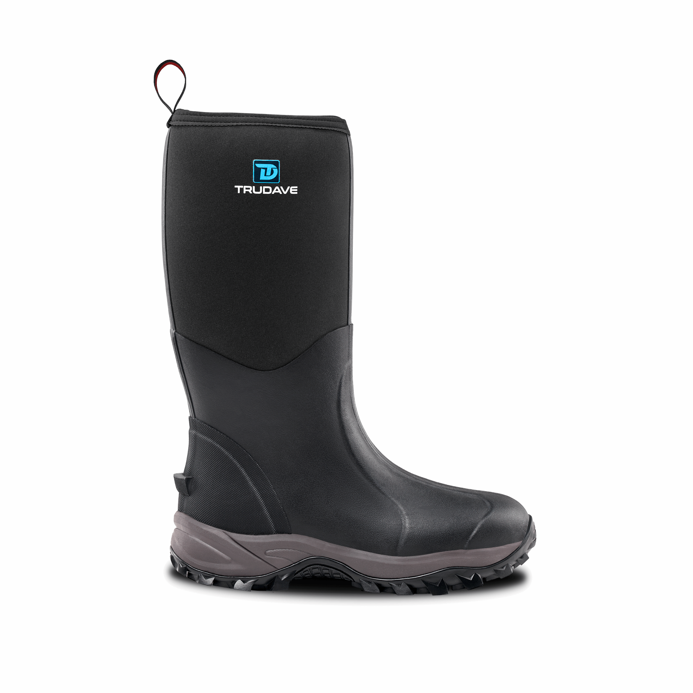 Side view of Trudave TrailMist Series waterproof neoprene muck boots – black design built for durability, comfort, and traction in wet farm and outdoor conditions