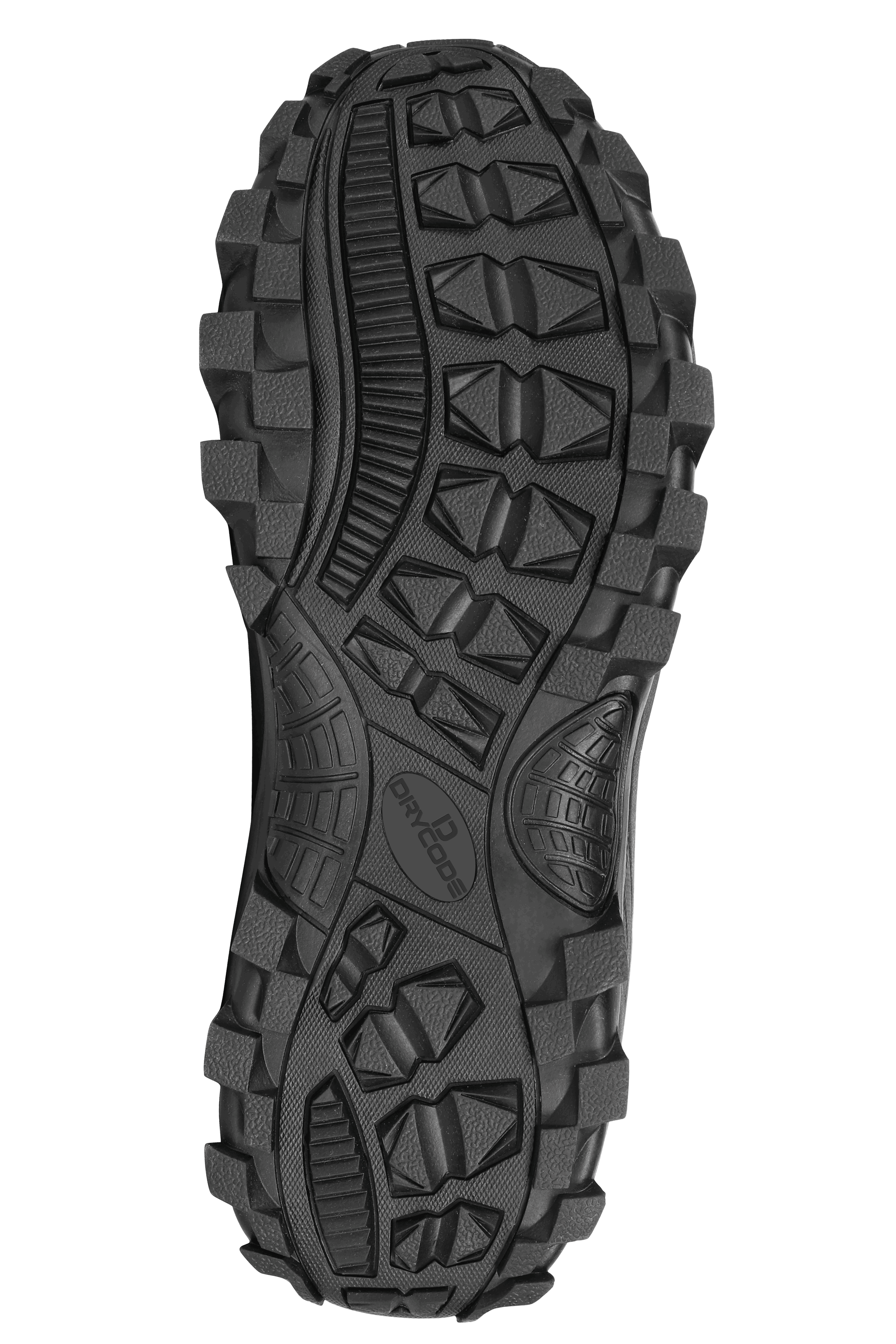 Close-up of outsole tread on Trudave TrailMist Series waterproof neoprene muck boots – black slip-resistant sole design for traction and durability in wet outdoor conditions