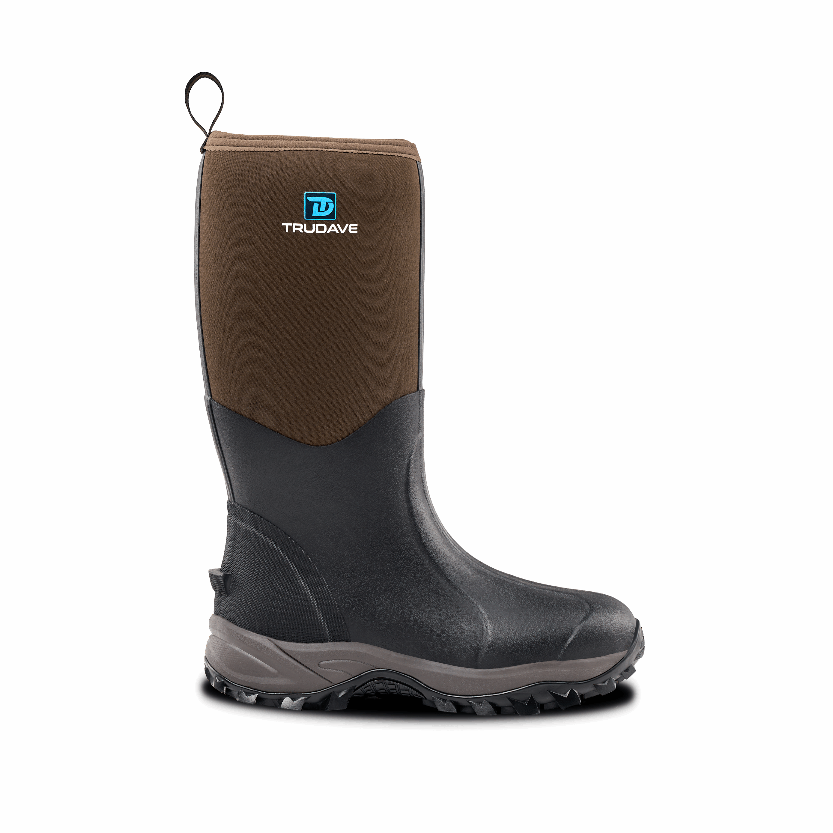 Side view of Trudave TrailMist Series waterproof neoprene muck boots – brown and black design built for durability, comfort, and traction in wet outdoor conditions