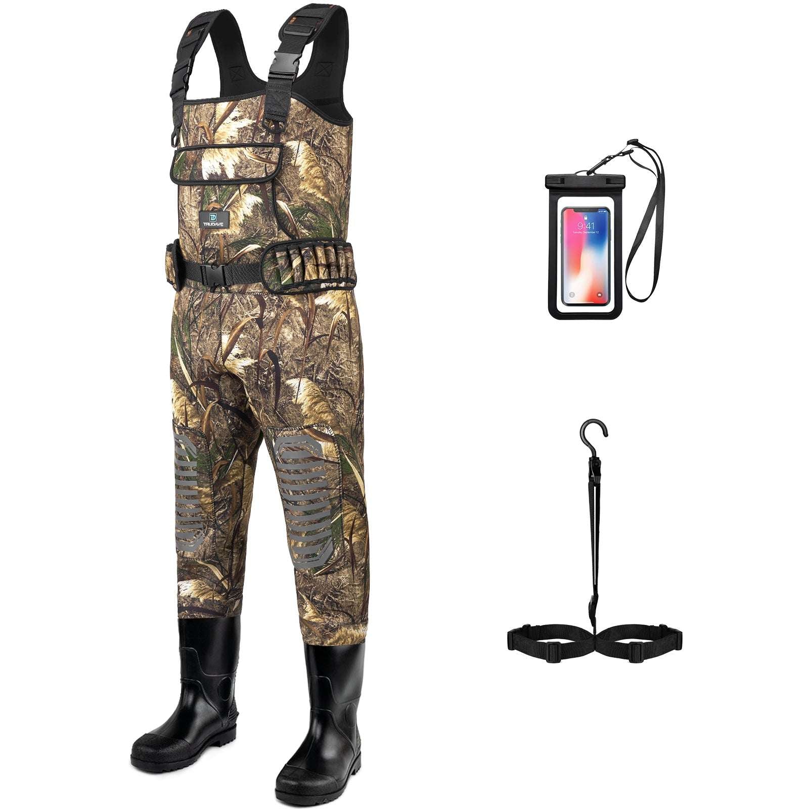 Front view of Trudave AquaFort Series waterproof neoprene hunting chest waders with boots – reed camo design providing full-body waterproof protection and comfort for outdoor hunting