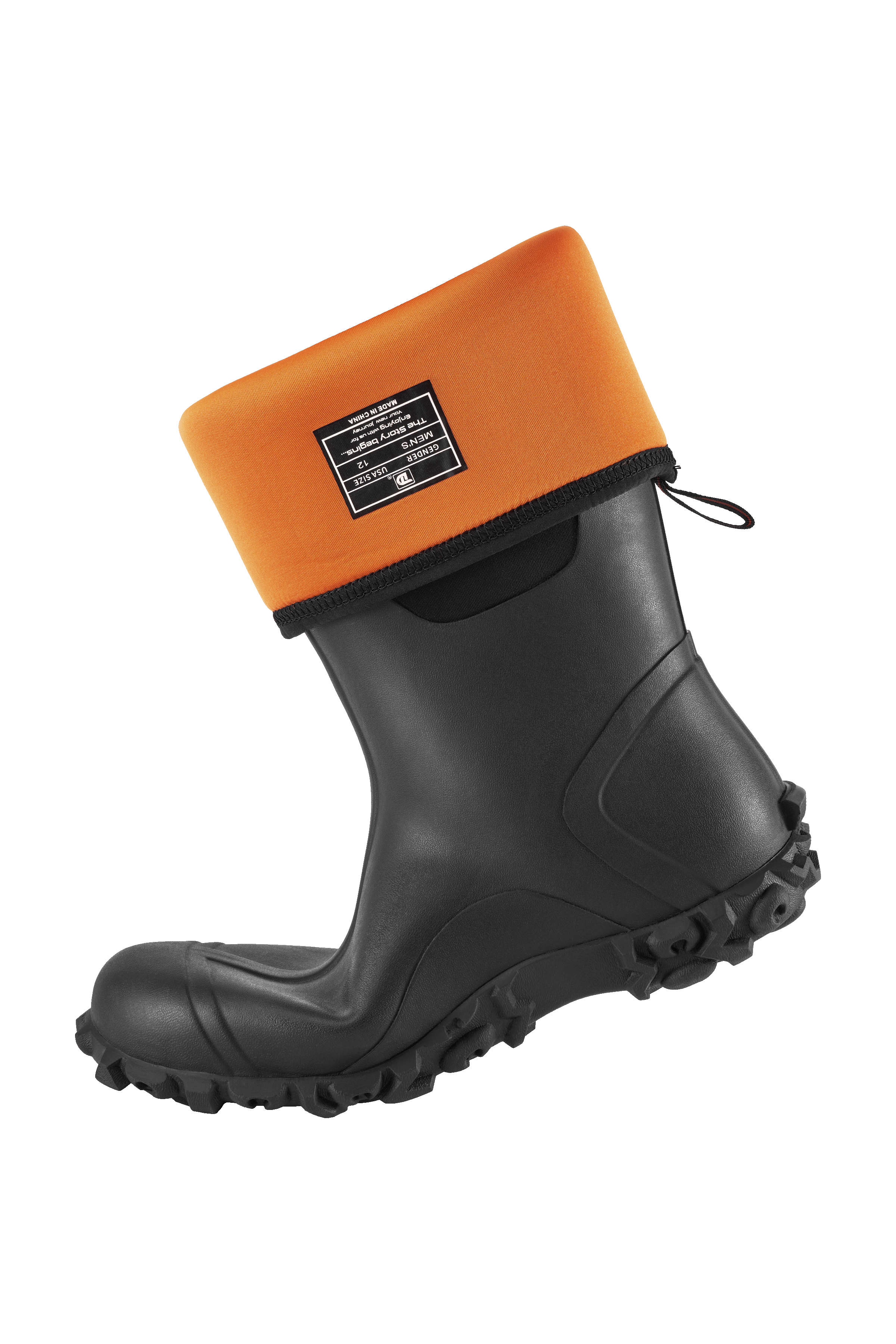 Side view of a pair of Trudave DryFlow Series tall waterproof rubber work boots – black design with folded shaft showing orange lining and flexible heel for comfort and waterproof performance