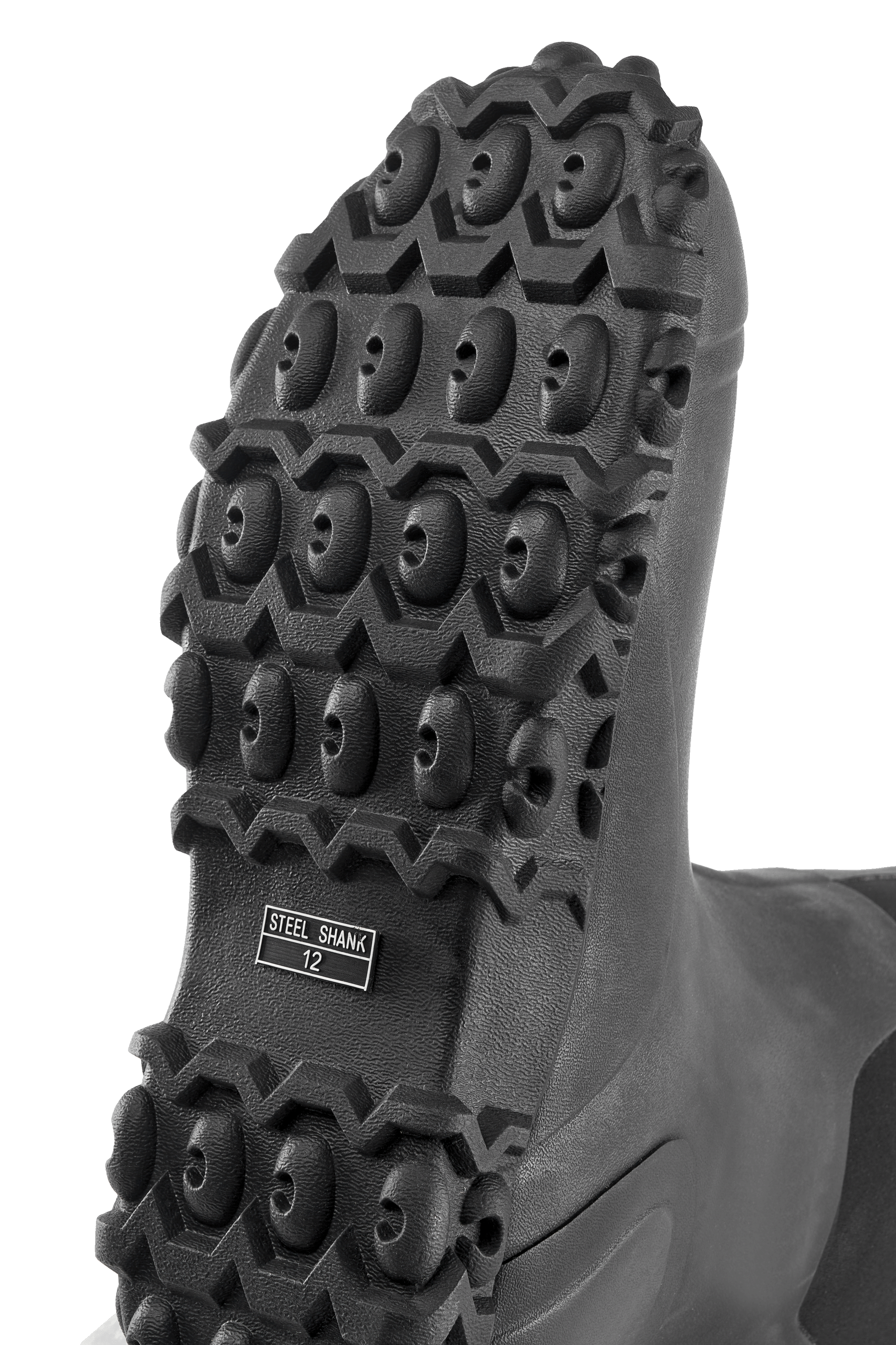 Close-up of outsole tread on Trudave DryFlow Series tall waterproof rubber work boots – black slip-resistant sole showing deep traction pattern for stability and durability in outdoor work