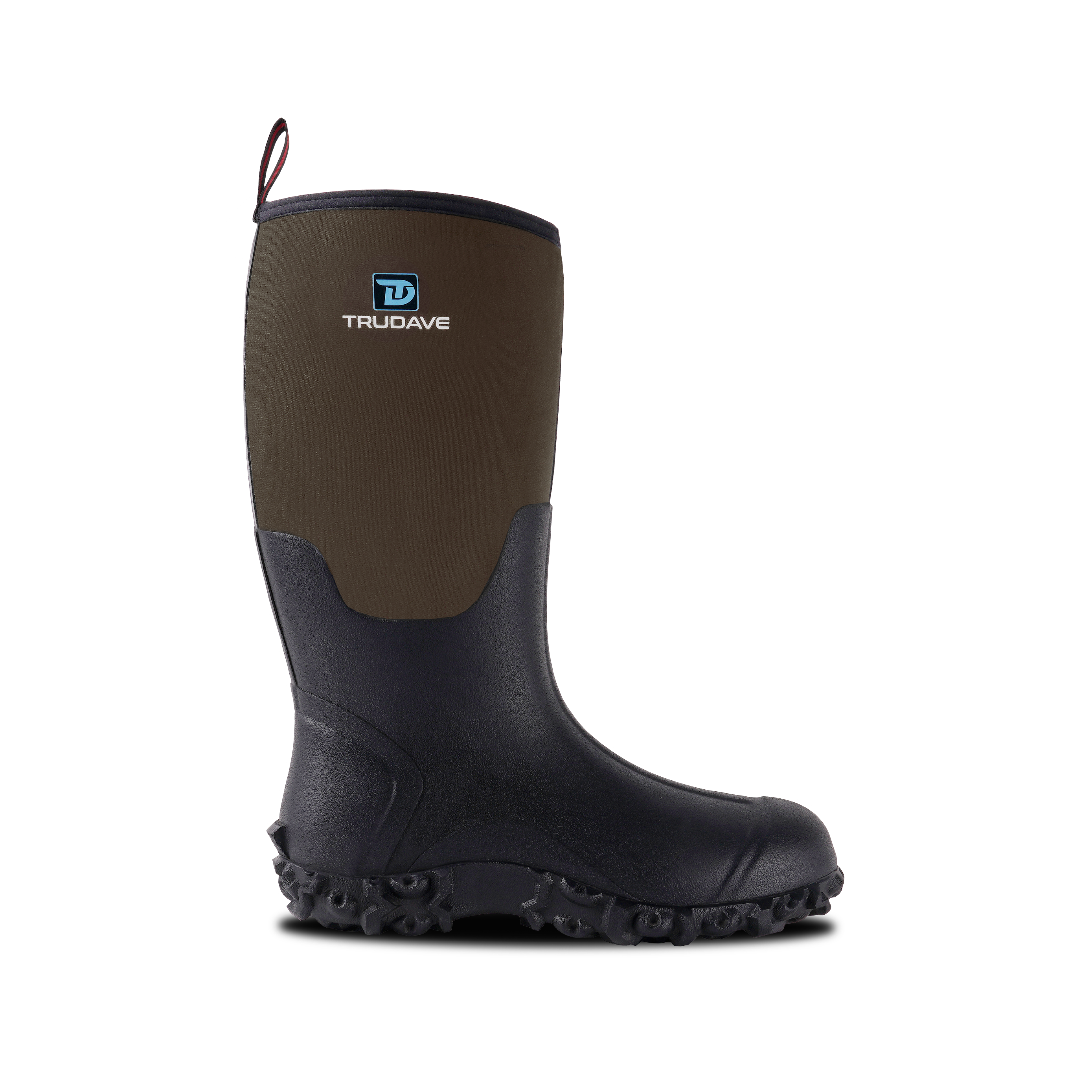 Side profile of Trudave DryFlow Series tall waterproof rubber work boots – brown and black design highlighting heavy-duty construction, waterproof protection, and slip-resistant performance for tough outdoor jobs