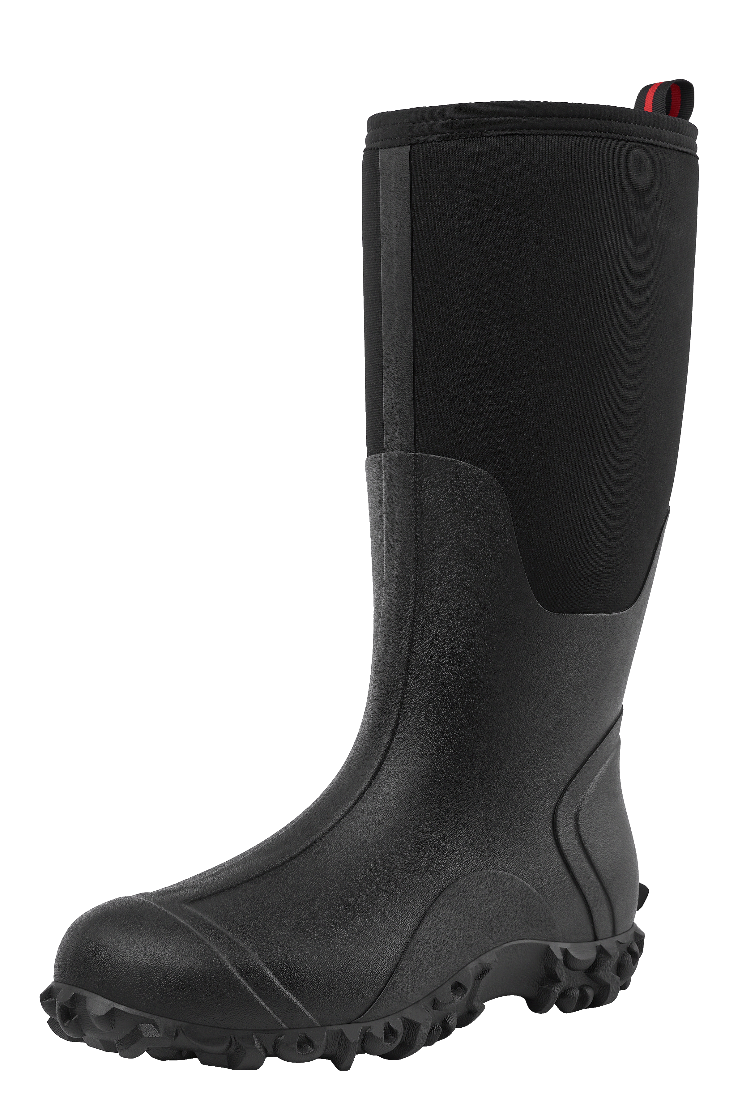 Side view of a pair of Trudave DryFlow Series tall waterproof rubber work boots – black design showing durable rubber shell, slip-resistant sole, and rugged construction for outdoor and industrial work