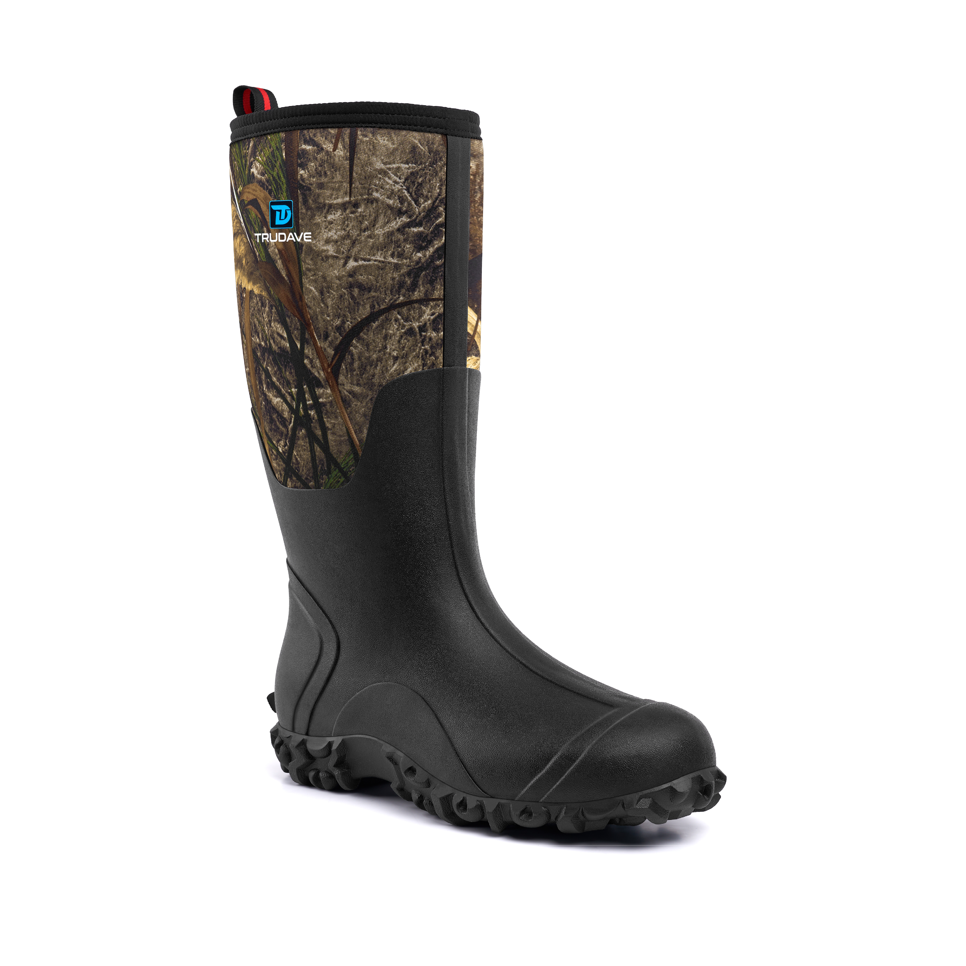 Side view of Trudave DryFlow Series tall waterproof rubber work boots – Reed Grass camo design featuring durable waterproof shell, reinforced sole, and slip-resistant traction for outdoor and farm work
