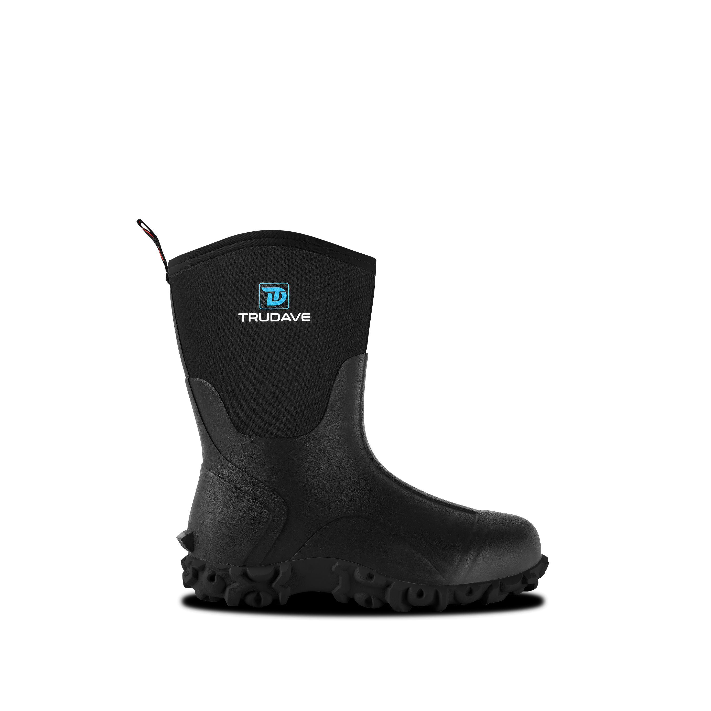 Side view of Trudave MudTrek Series mid-calf waterproof rubber rain boots – black design featuring durable waterproof shell and slip-resistant sole for everyday rain and outdoor use