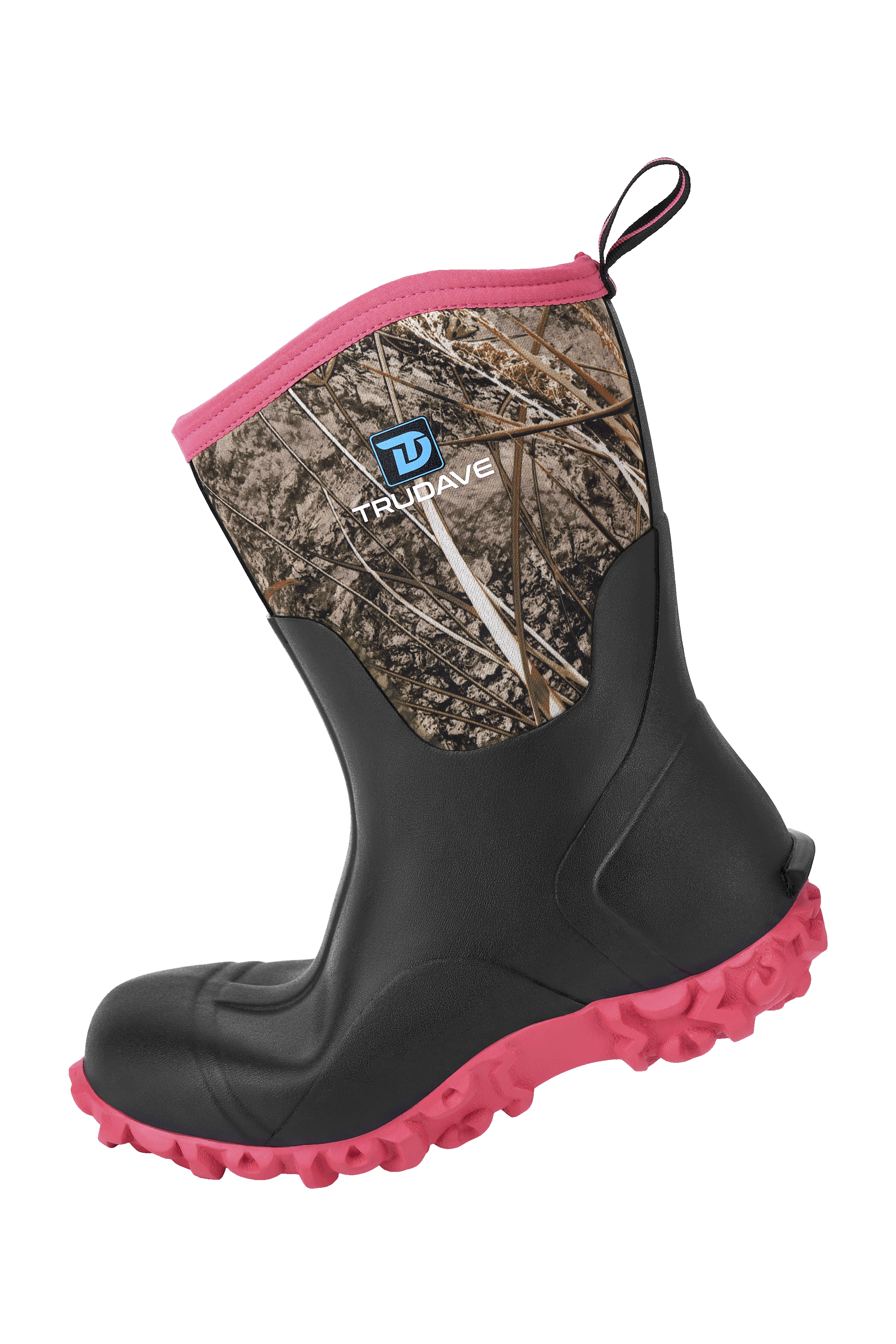 Side view of Trudave MudTrek Series mid-calf waterproof rubber rain boots – pink camo design showing flexible heel, soft rubber construction, and durable waterproof performance for outdoor wear