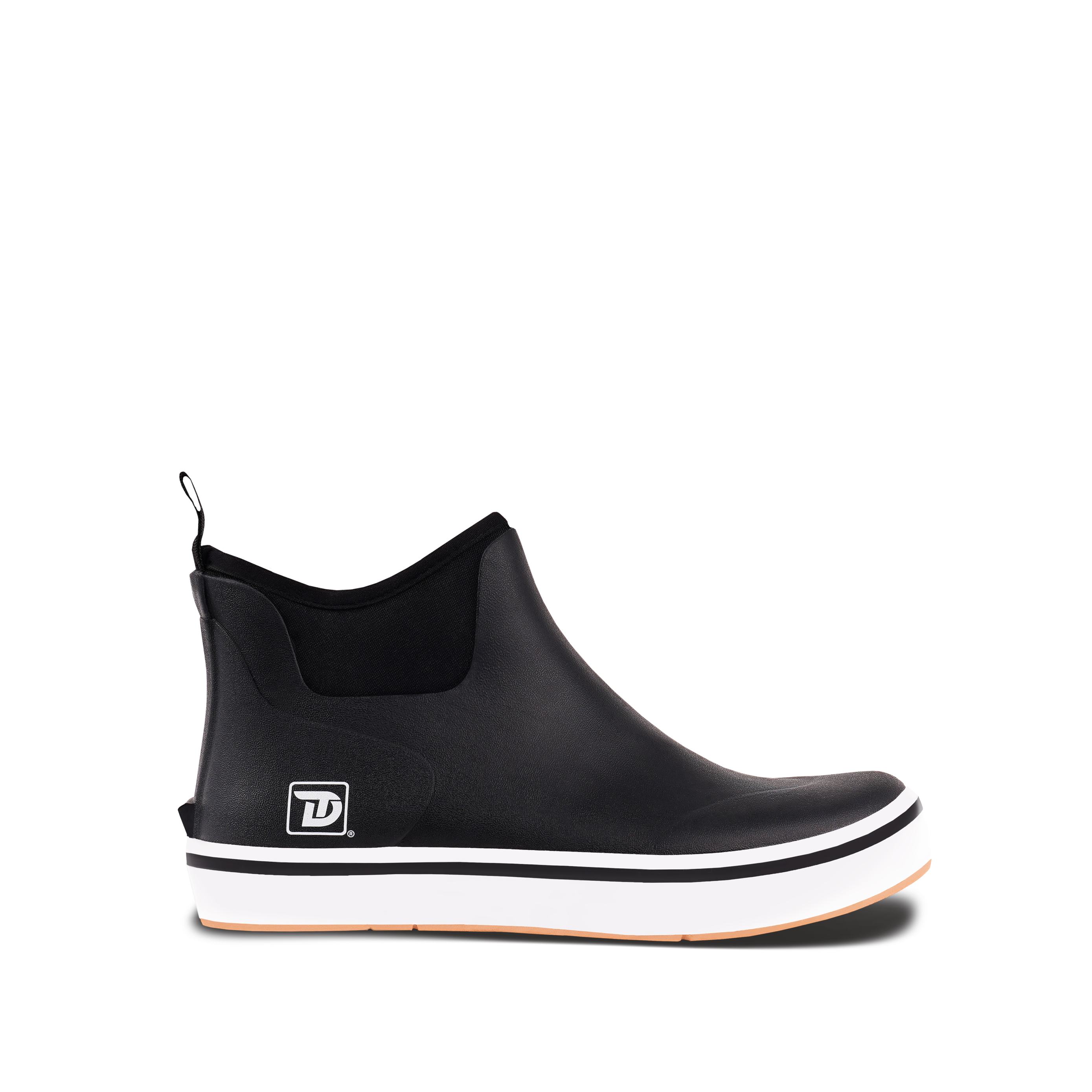 Side view of Trudave Ocean Breeze Series men’s ankle waterproof rubber deck boots – black design showing slip-resistant sole, durable waterproof construction, and lightweight comfort for fishing and boating