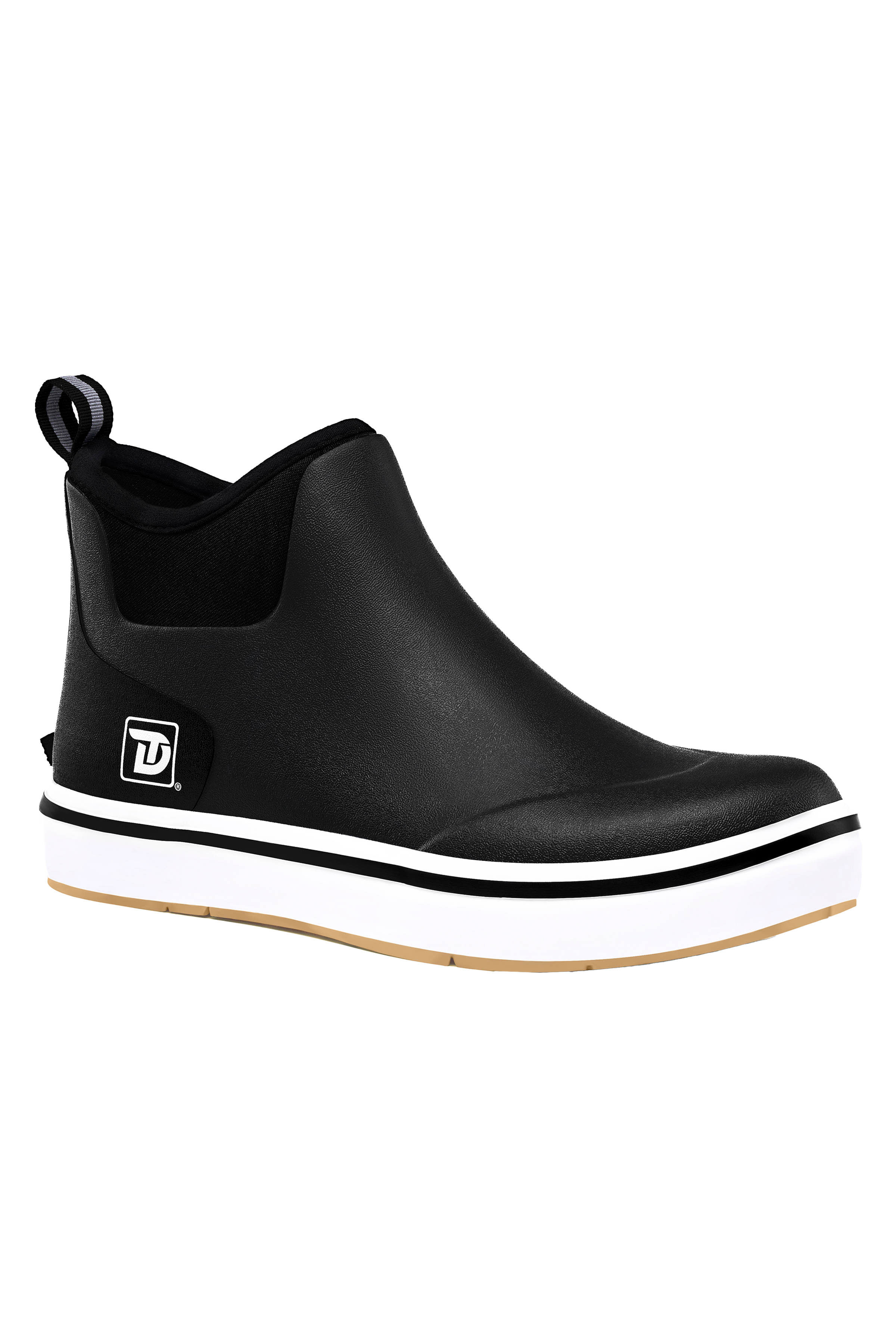 Side view of Trudave Ocean Breeze Series men’s ankle waterproof rubber deck boots – black design showing slip-resistant sole, durable waterproof construction, and lightweight comfort for fishing and boating