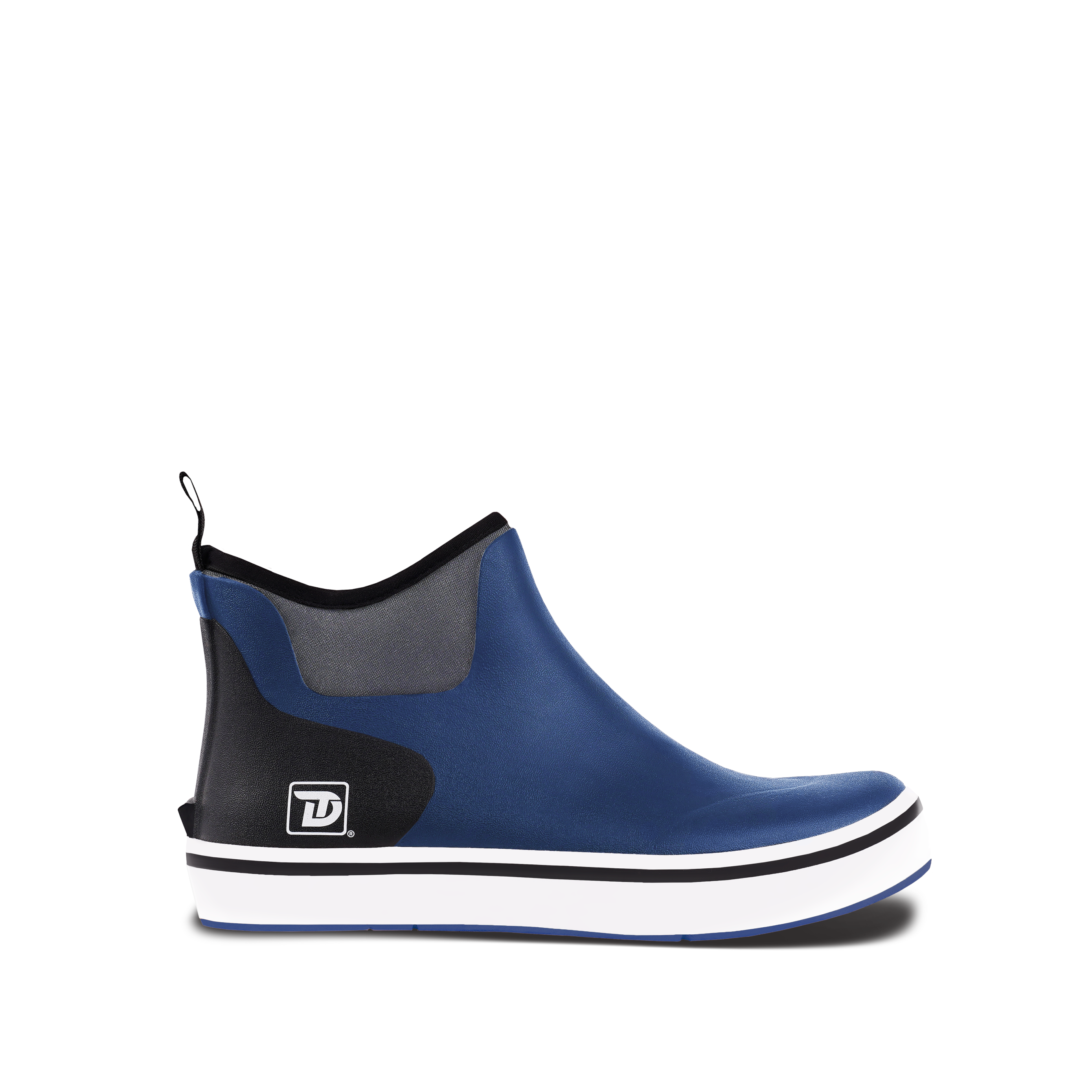 Side view of Trudave Ocean Breeze Series men’s ankle waterproof rubber deck boots – blue design showing slip-resistant sole, durable waterproof construction, and lightweight comfort for fishing and boating