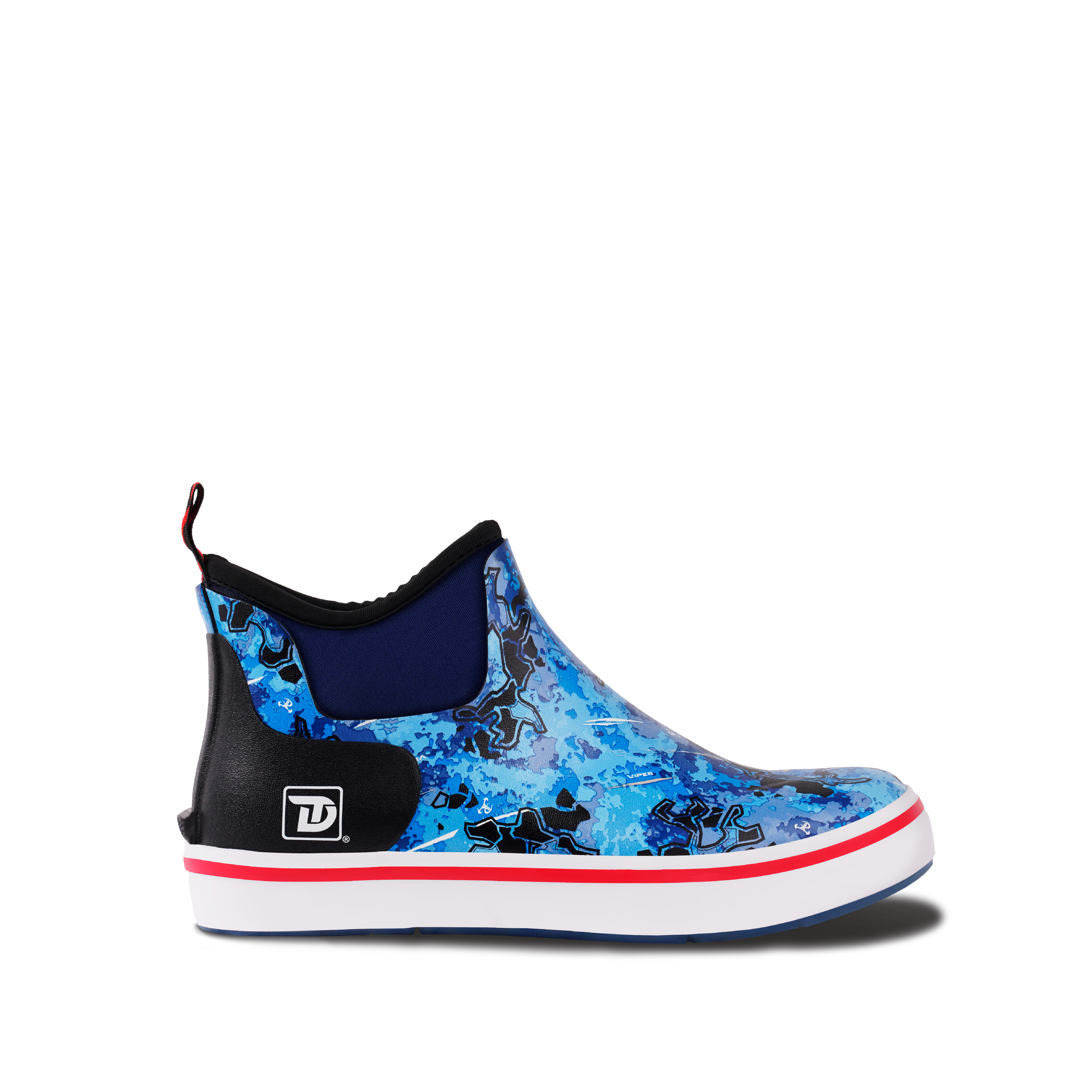 Side view of Trudave Ocean Breeze Series men’s ankle waterproof rubber deck boots – camo blue design showing durable waterproof shell and slip-resistant sole for fishing and boating use