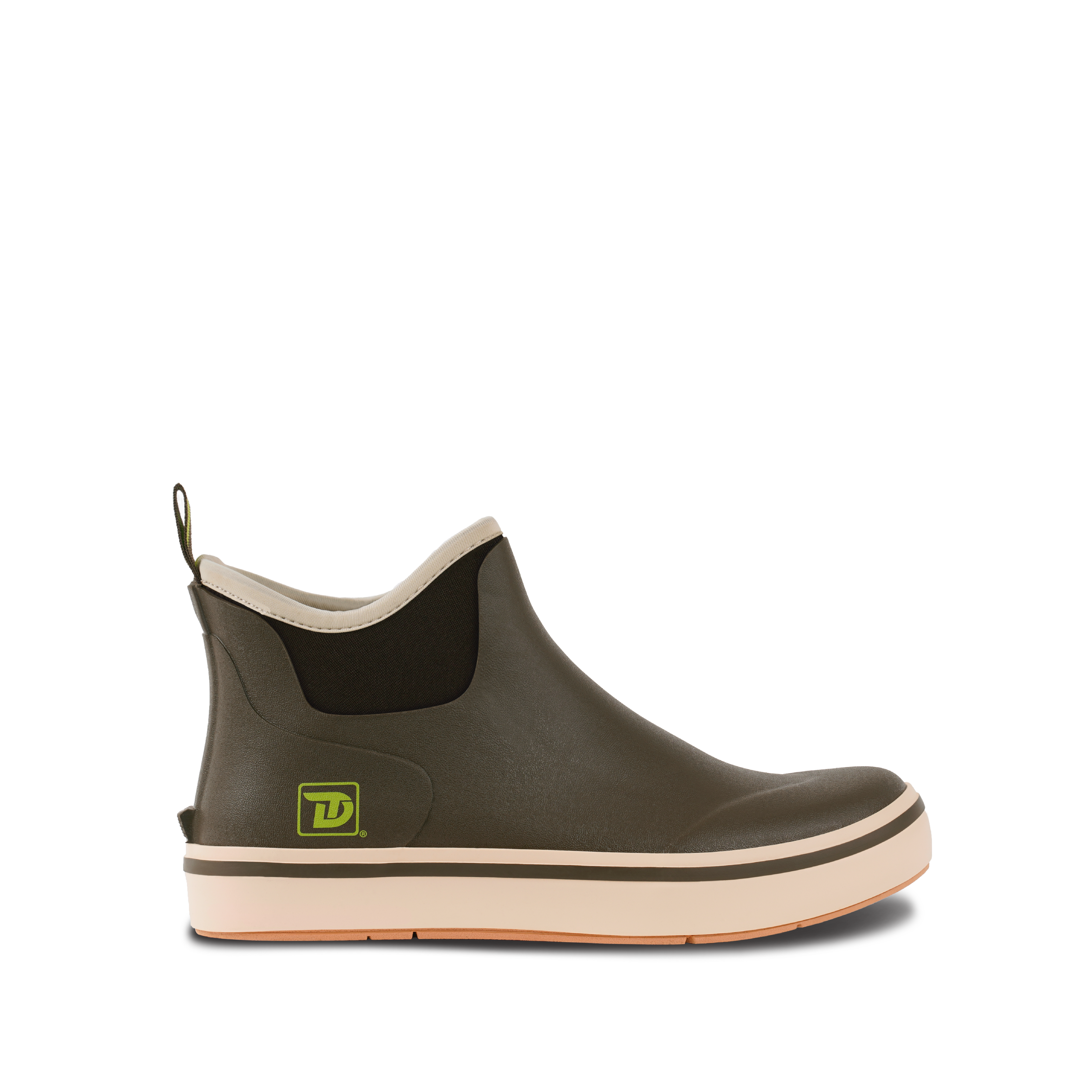 Side view of Trudave Ocean Breeze Series men’s ankle waterproof rubber deck boots – brown design showing slip-resistant sole, durable waterproof construction, and lightweight comfort for fishing and boating