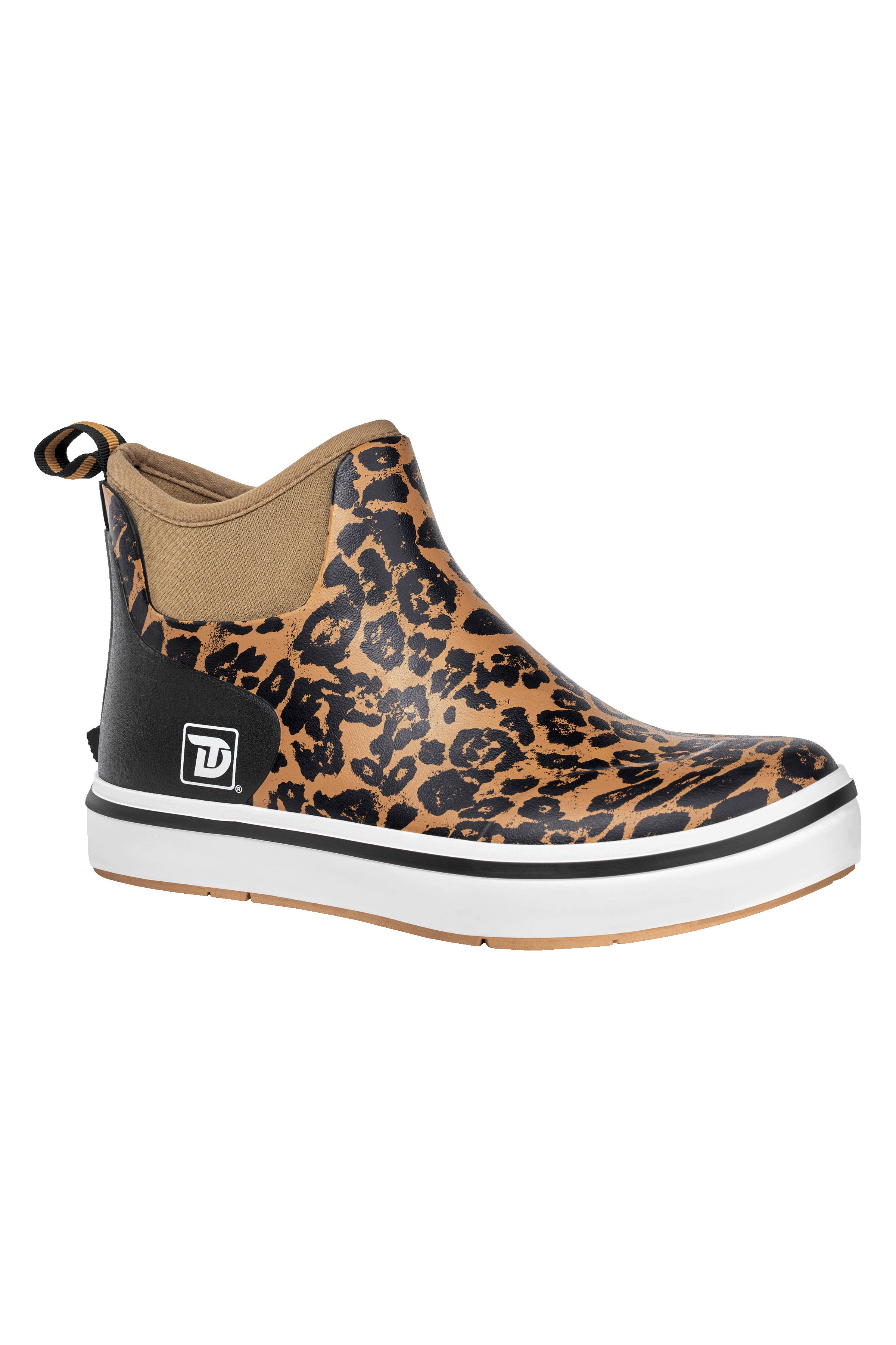 Side view of Trudave WildProwl Series women’s ankle waterproof rubber deck boots – leopard print design showing durable slip-resistant sole and waterproof construction for boating and fishing