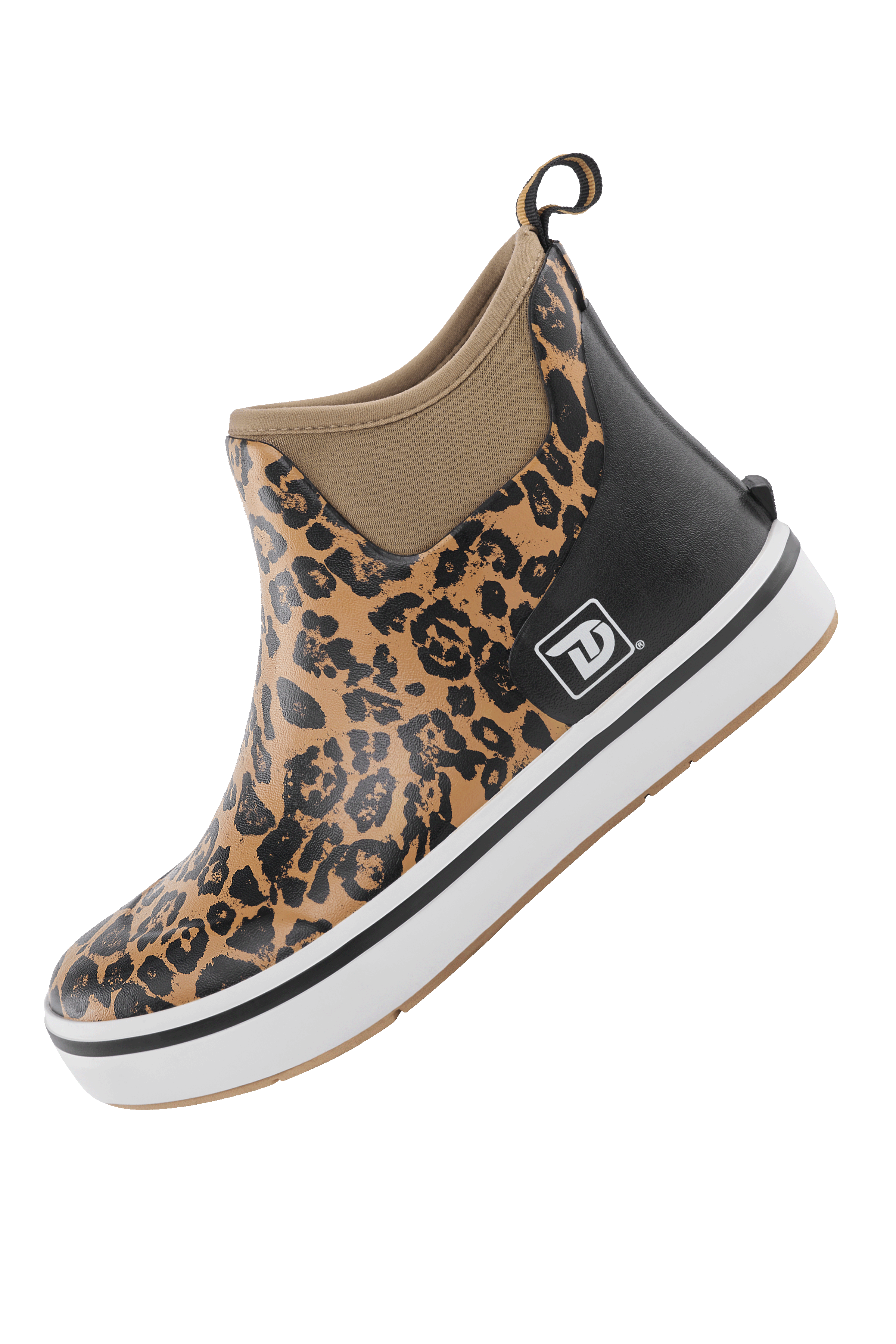 Side view of Trudave WildProwl Series women’s ankle waterproof rubber deck boots – leopard print design showing durable slip-resistant sole and waterproof construction for boating and fishing