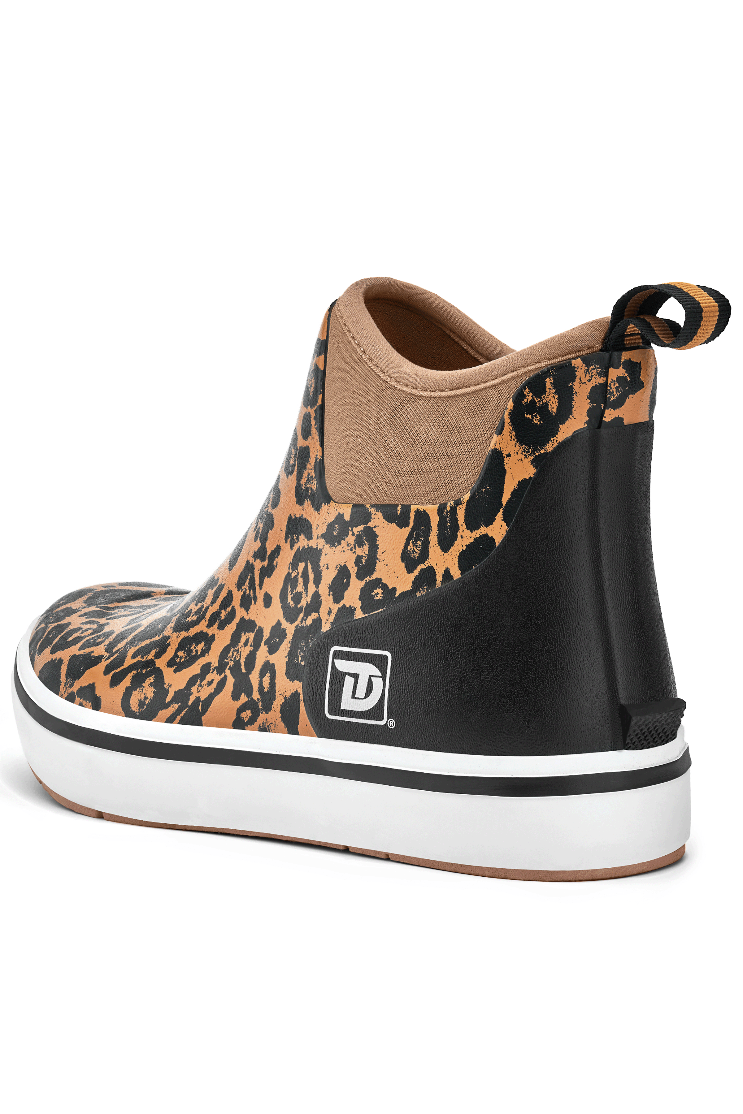 Rear side view of Trudave WildProwl Series women’s leopard print ankle waterproof rubber deck boots showing heel pull tab and kick rim design for easy on and off and durable waterproof performance