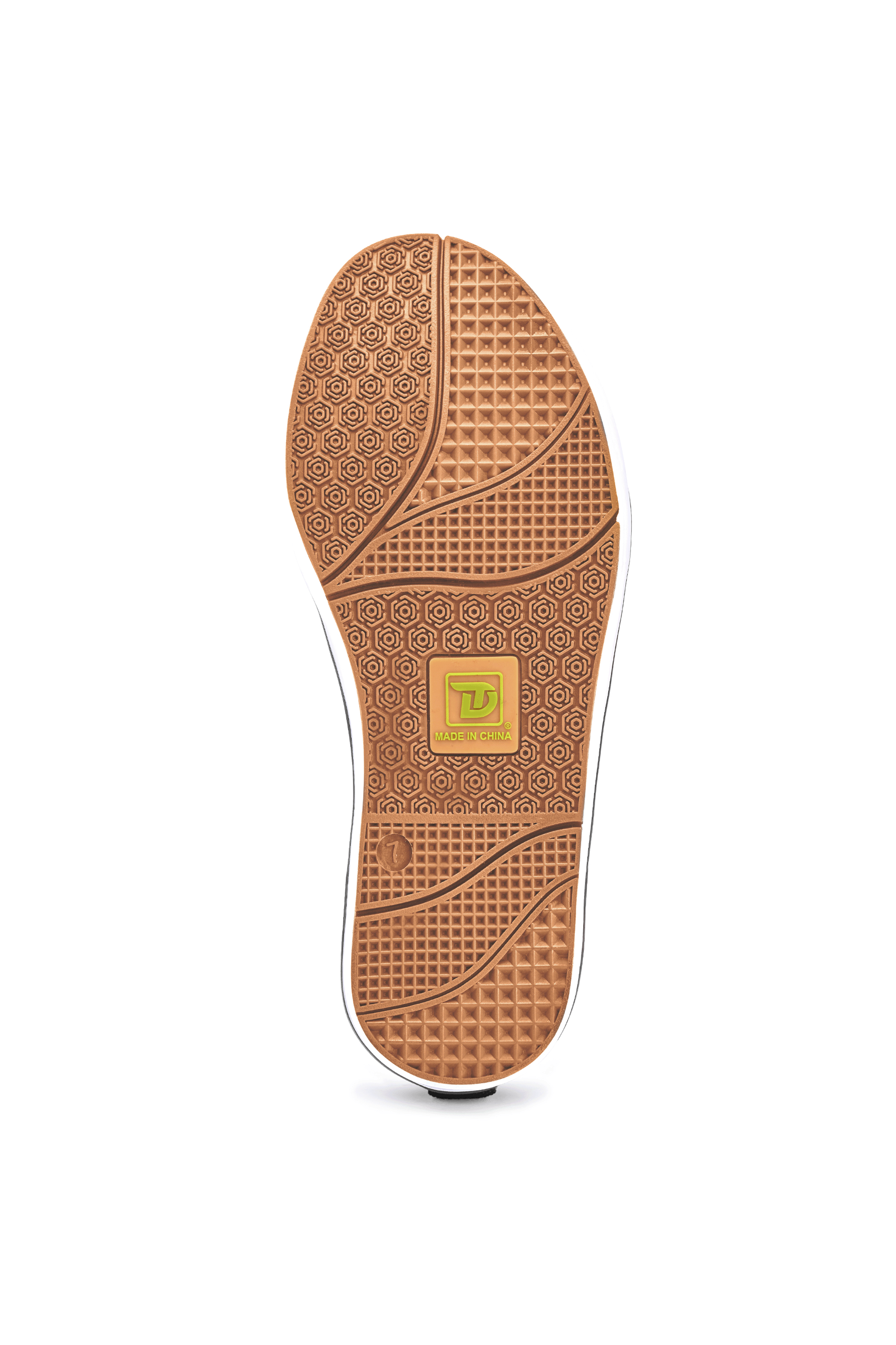 Close-up of outsole tread on Trudave WildProwl Series women’s leopard print ankle waterproof rubber deck boots showing slip-resistant grip and durable waterproof sole for boating and fishing