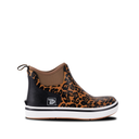 Side view of Trudave WildProwl Series women’s ankle waterproof rubber deck boots – leopard print design showing durable slip-resistant sole and waterproof construction for boating and fishing