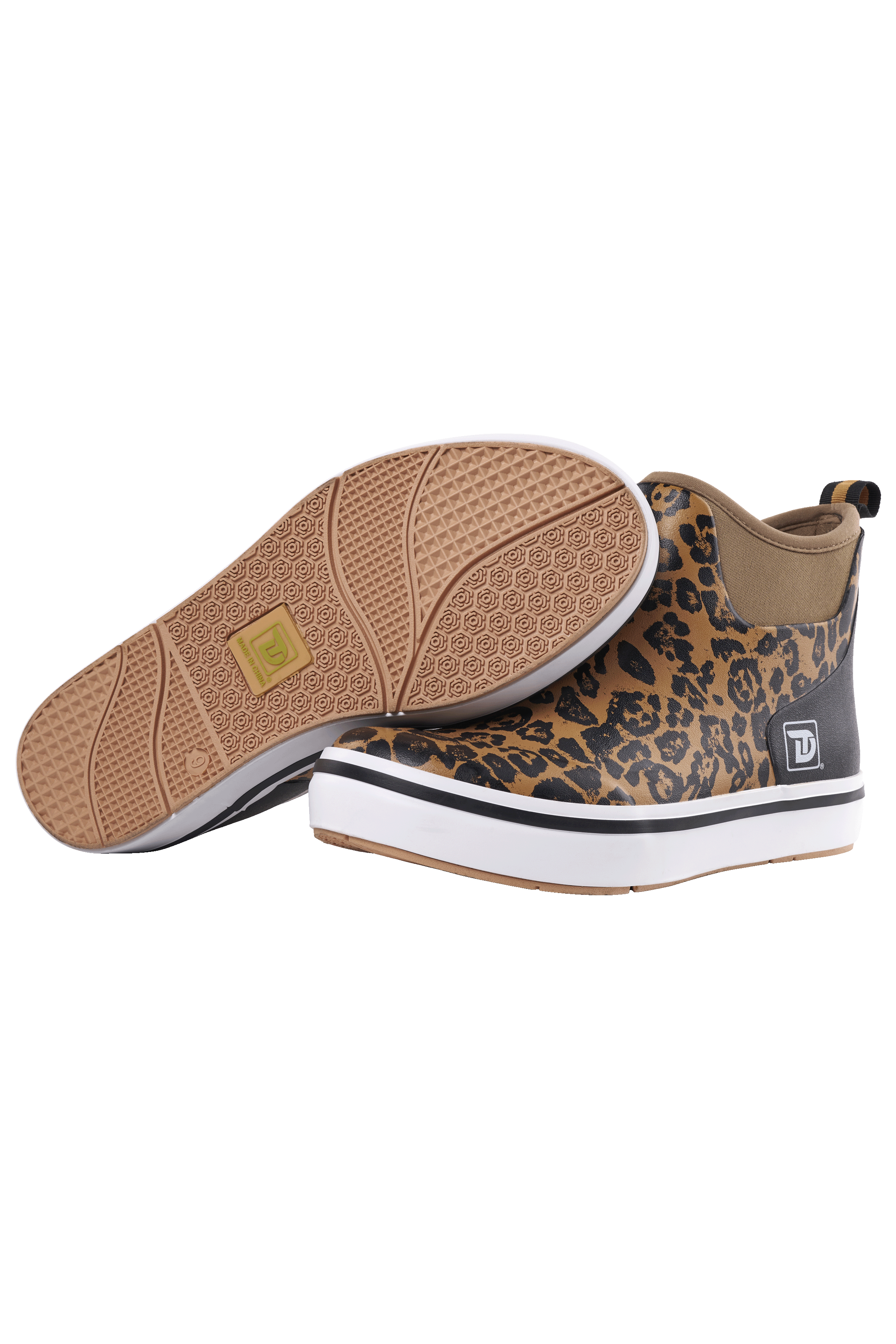 Side and sole view of Trudave WildProwl Series women’s leopard print ankle waterproof rubber deck boots showing slip-resistant tread and durable waterproof design for fishing and boating