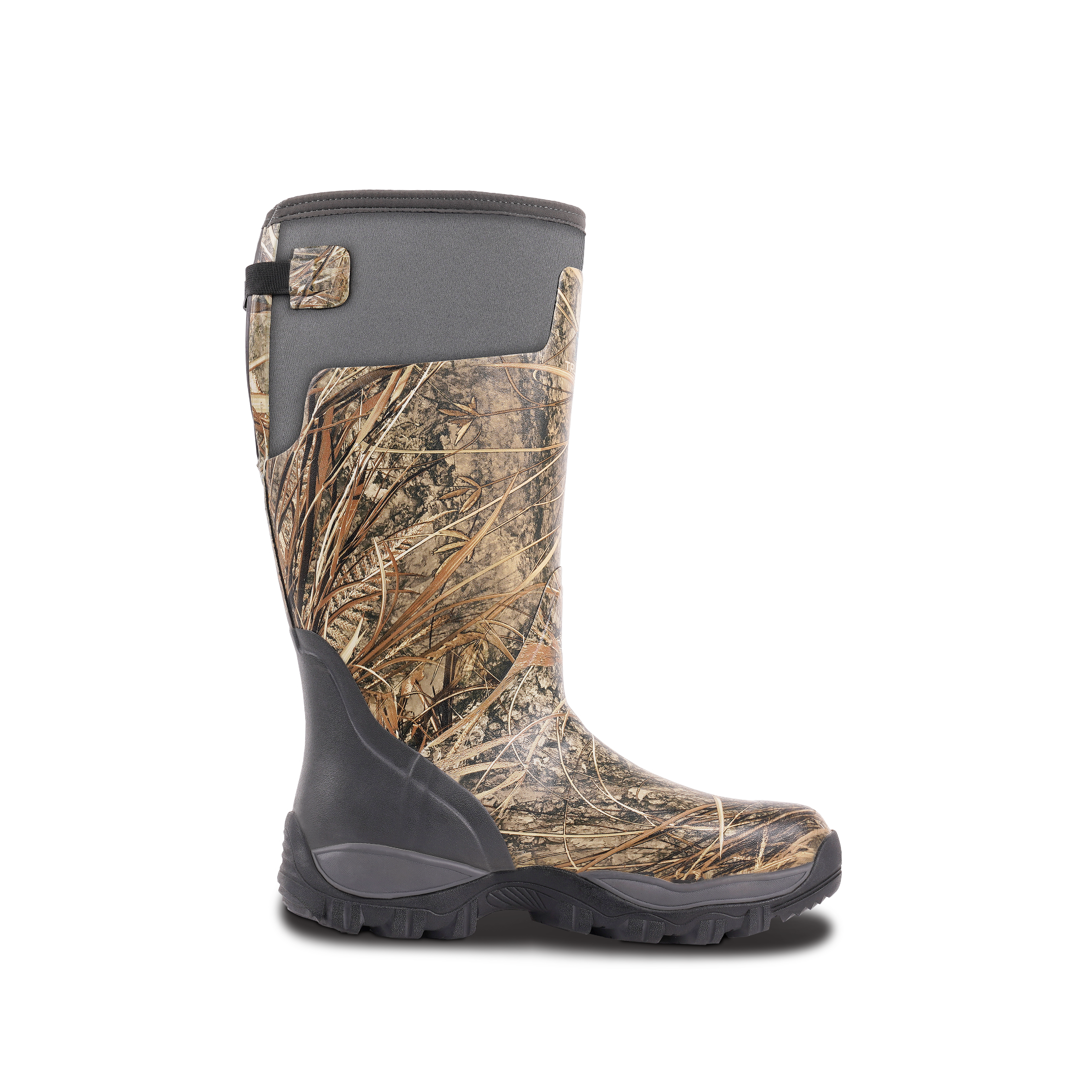 Side view of Trudave StreamTrek Series men’s tall waterproof hunting boots showing rugged rubber sole and camo design for outdoor hunting