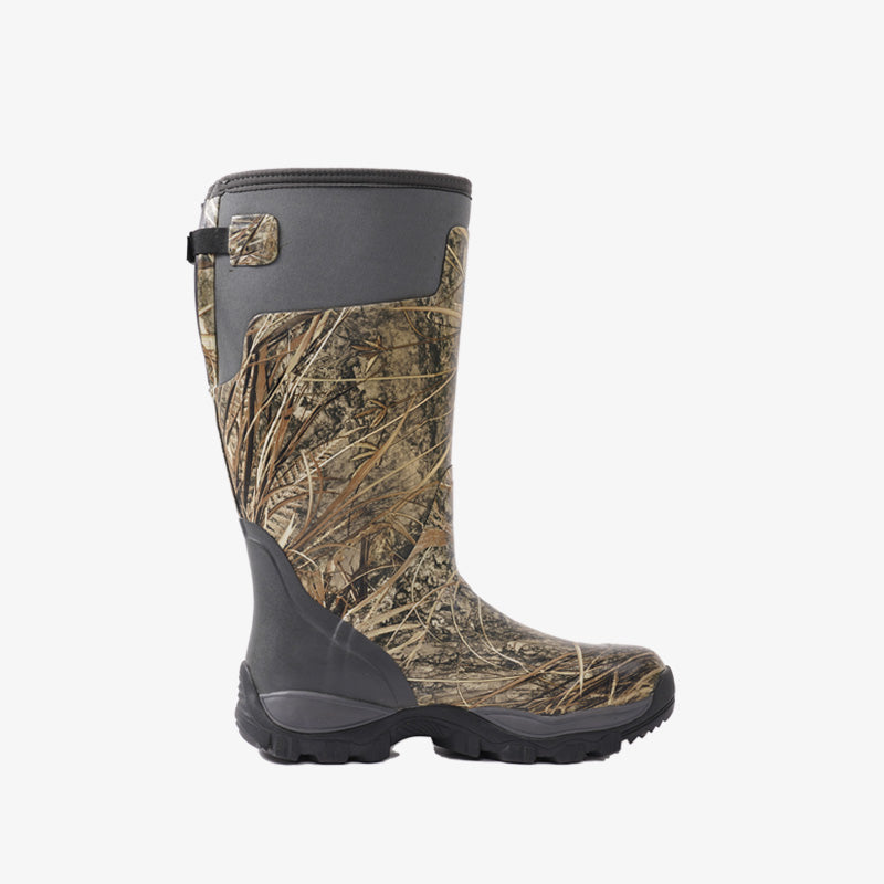 Side view of Trudave StreamTrek Series men’s tall waterproof hunting boots – Real Reed camo design showing durable rubber shell and slip-resistant sole for duck hunting and outdoor use