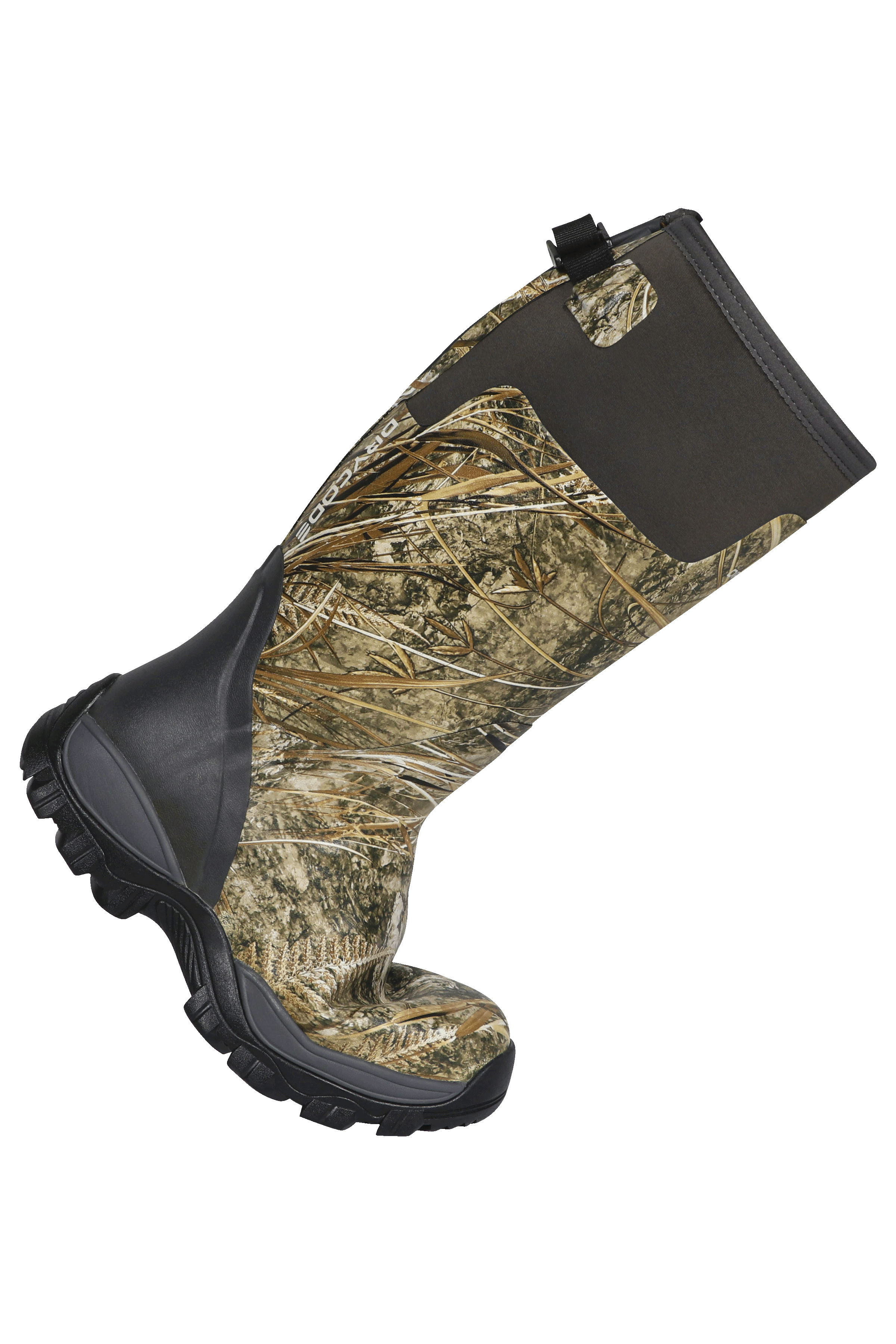 Side view of Trudave StreamTrek Series men’s tall waterproof hunting boots – Real Reed camo design showing flexible heel bend and durable waterproof rubber construction for duck hunting and outdoor use