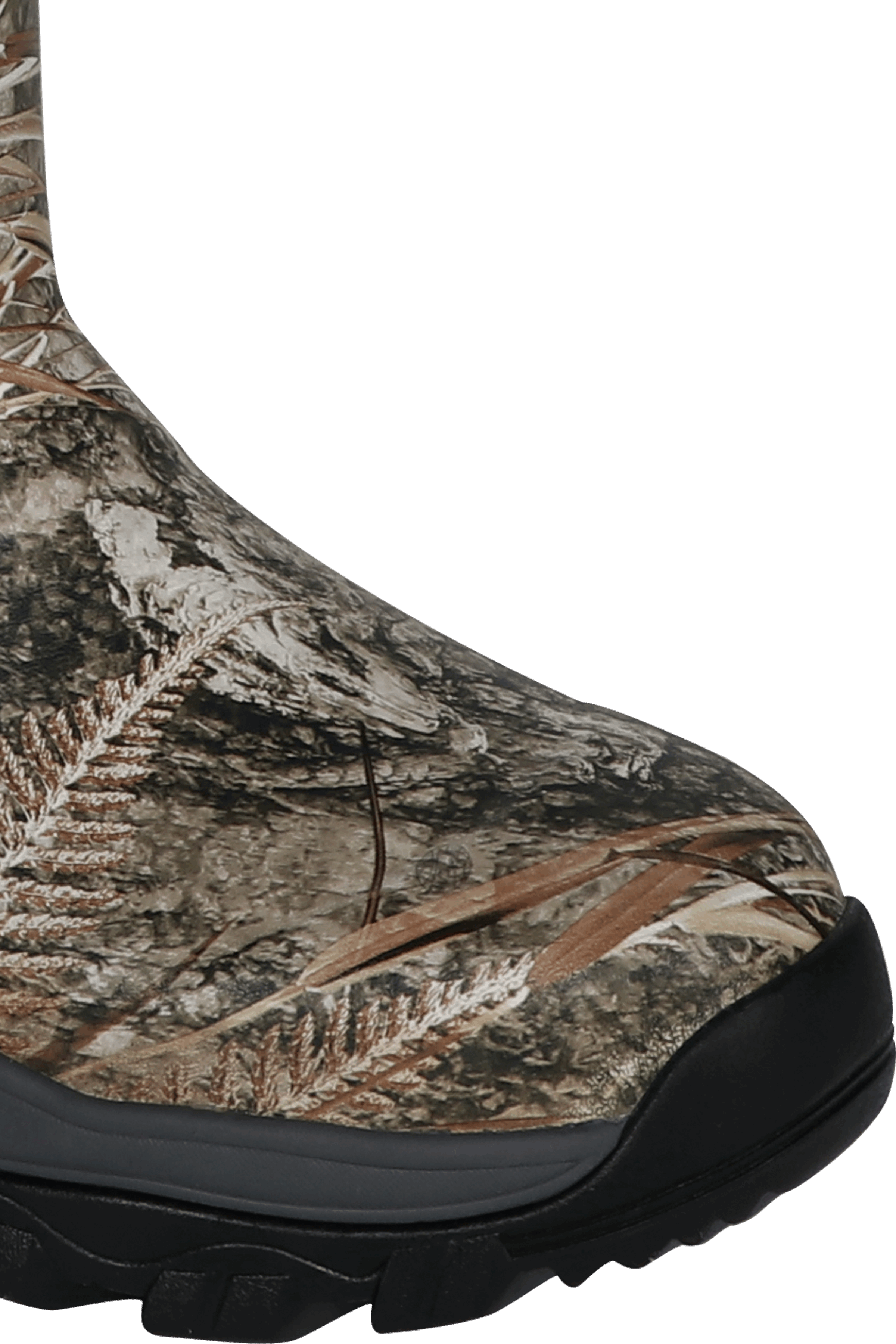 Close-up of toe cap on Trudave StreamTrek Series men’s tall waterproof hunting boots – Real Reed camo design showing reinforced waterproof rubber toe for durability and duck hunting performance