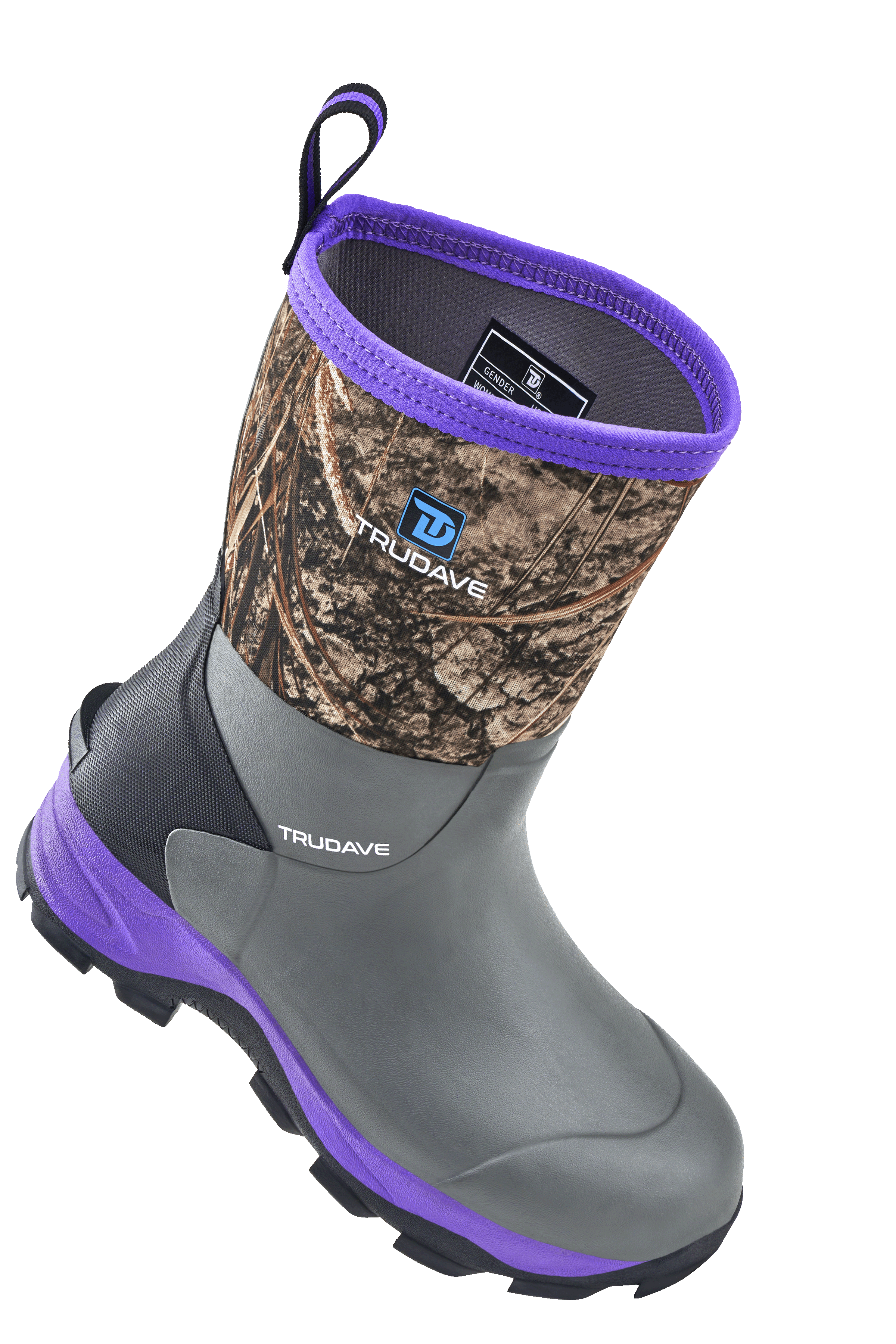 Side view of Trudave MudGuard Series women’s mid-calf waterproof garden boots – purple camo design showing durable rubber shell and slip-resistant sole for gardening and outdoor use