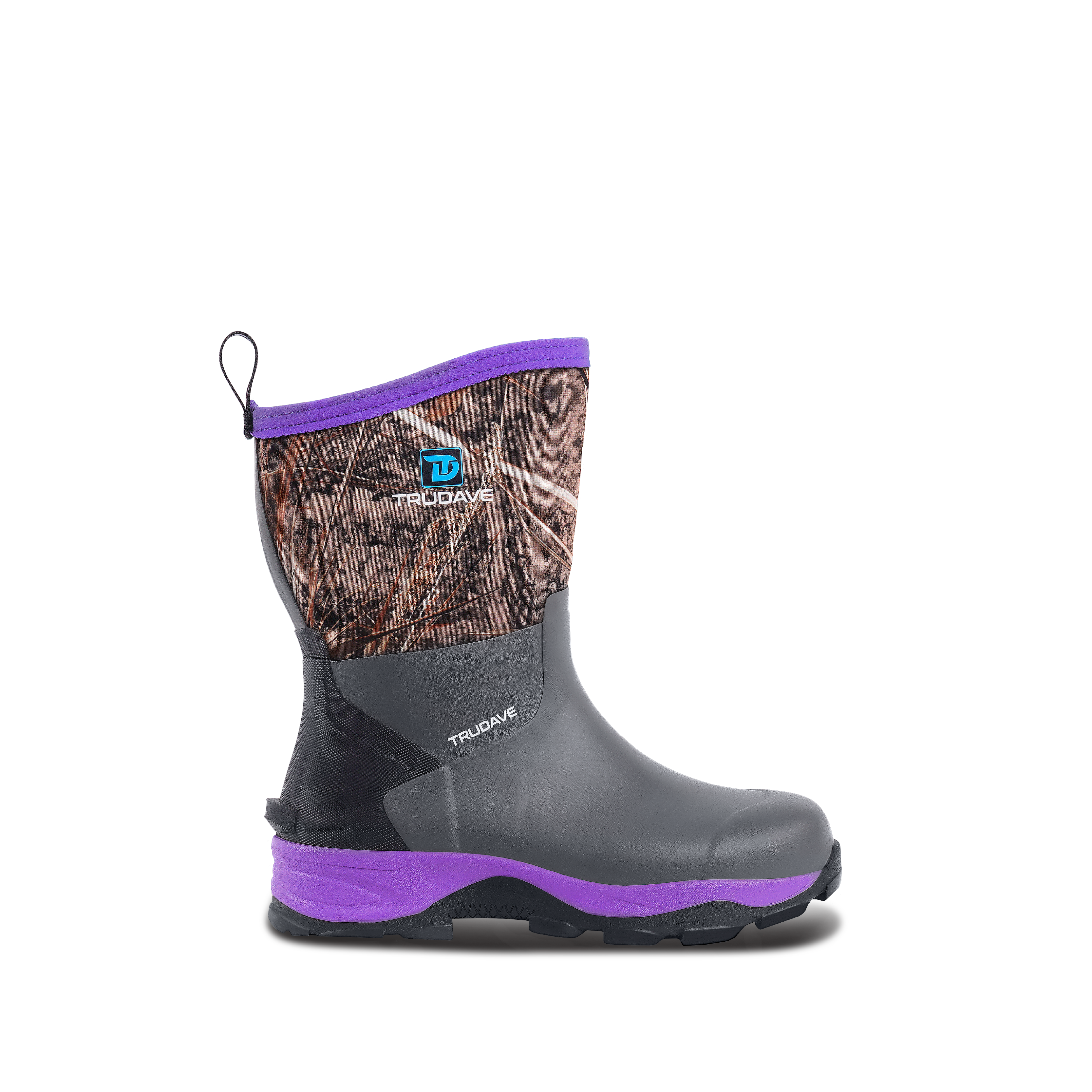 Side view of Trudave MudGuard Series women’s mid-calf waterproof garden boots – purple camo design showing durable rubber shell and slip-resistant sole for gardening and outdoor work