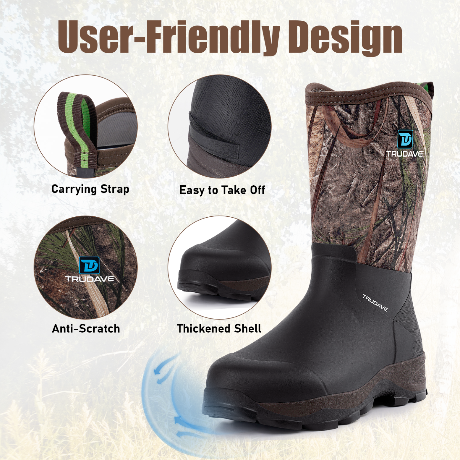 Side and detail view of Trudave AquaGuard Series men’s mid-calf waterproof rubber rain boots in black showing non-slip sole, pull tab, and waterproof toe design