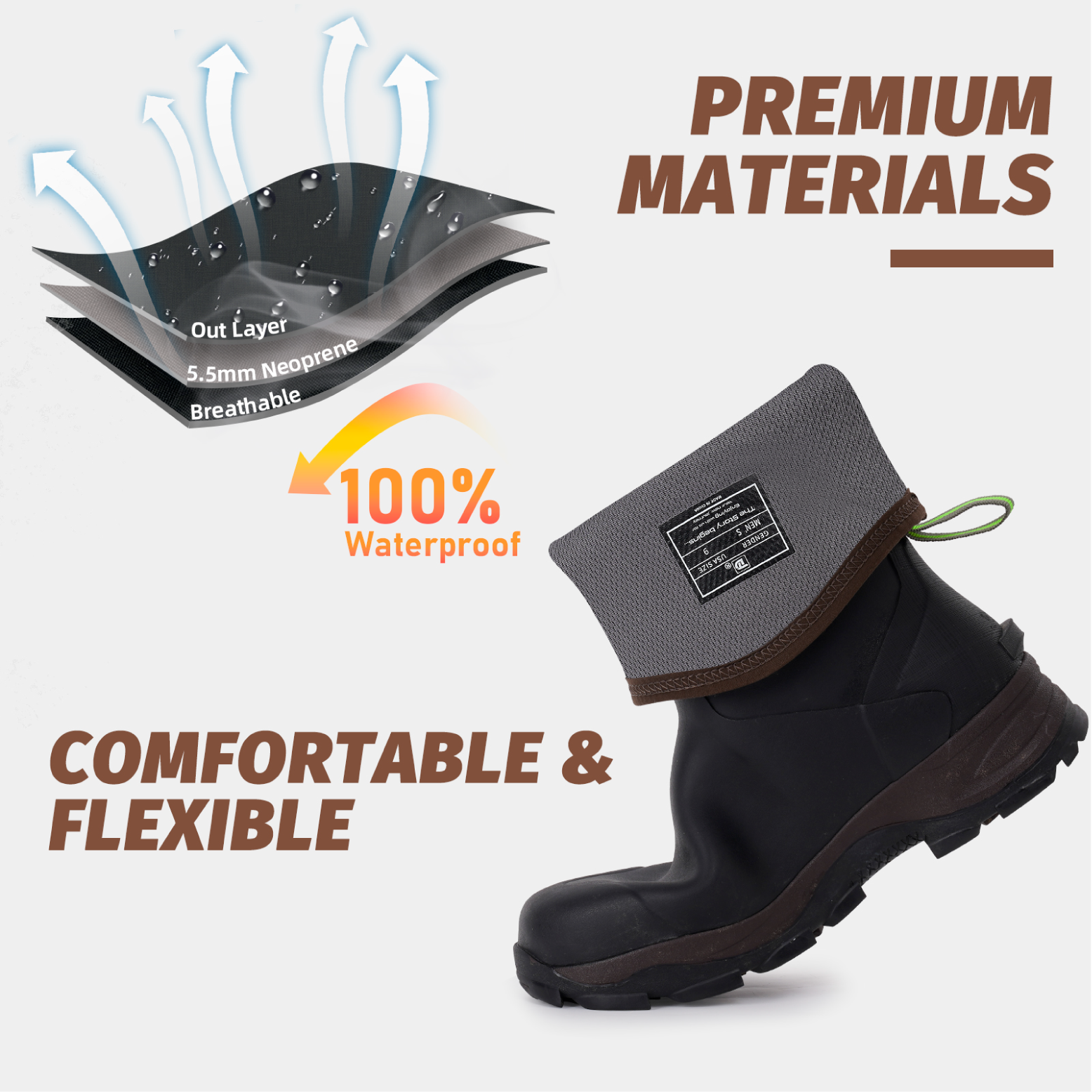 Trudave Men’s Mid-Calf Waterproof Rubber Rain Boots – AquaGuard Series featuring 5.5mm neoprene breathable lining, 100% waterproof construction, and flexible comfort design for outdoor activities.