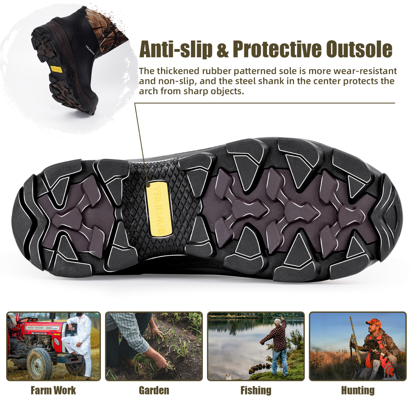 Outsole and multi-scene view of Trudave AquaGuard Series men’s mid-calf waterproof rubber rain boots showing deep tread traction for wet, muddy, and outdoor work conditions