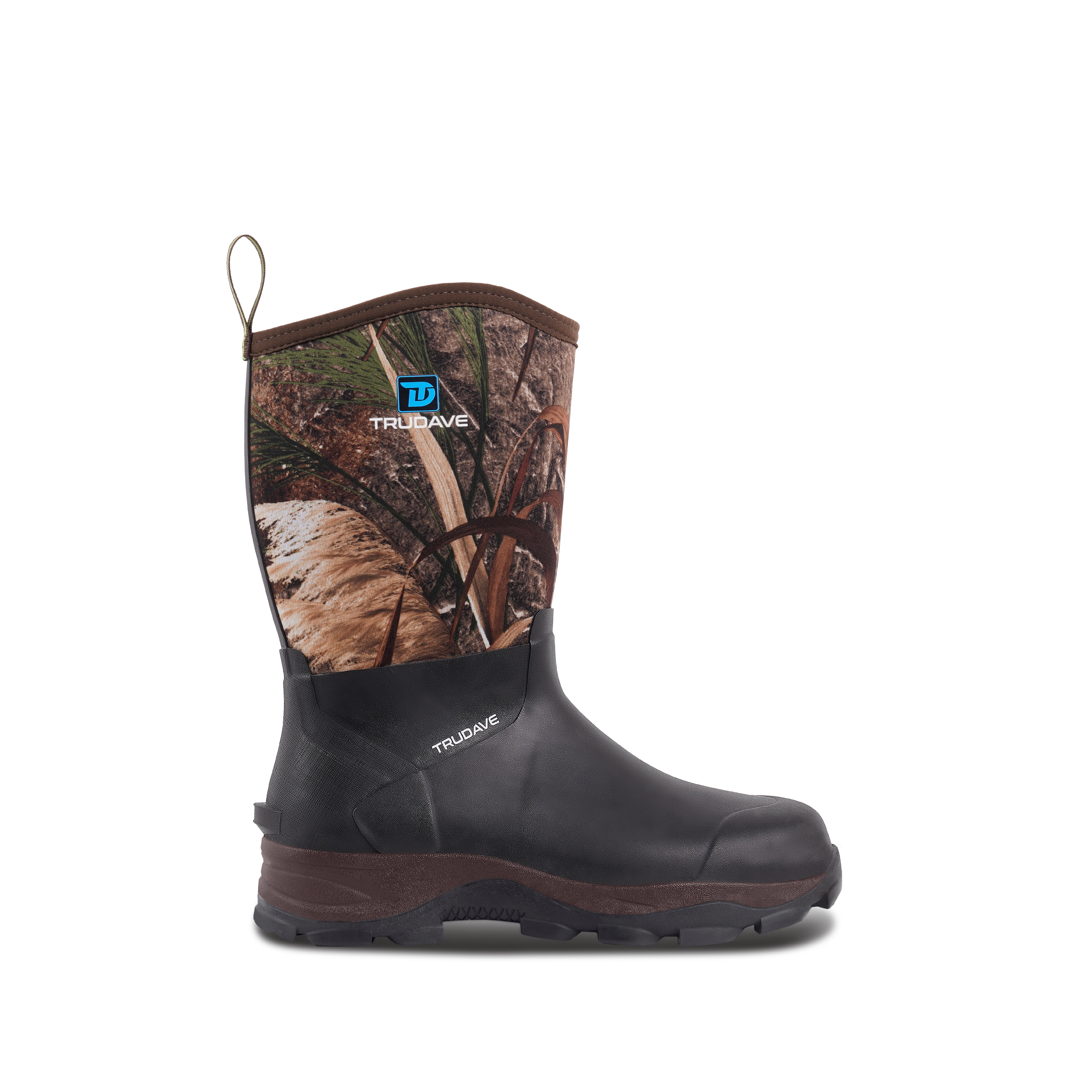 Side view of Trudave AquaGuard Series men’s mid-calf waterproof rubber rain boots in reed grass color showing rugged waterproof shell and non-slip sole for outdoor work