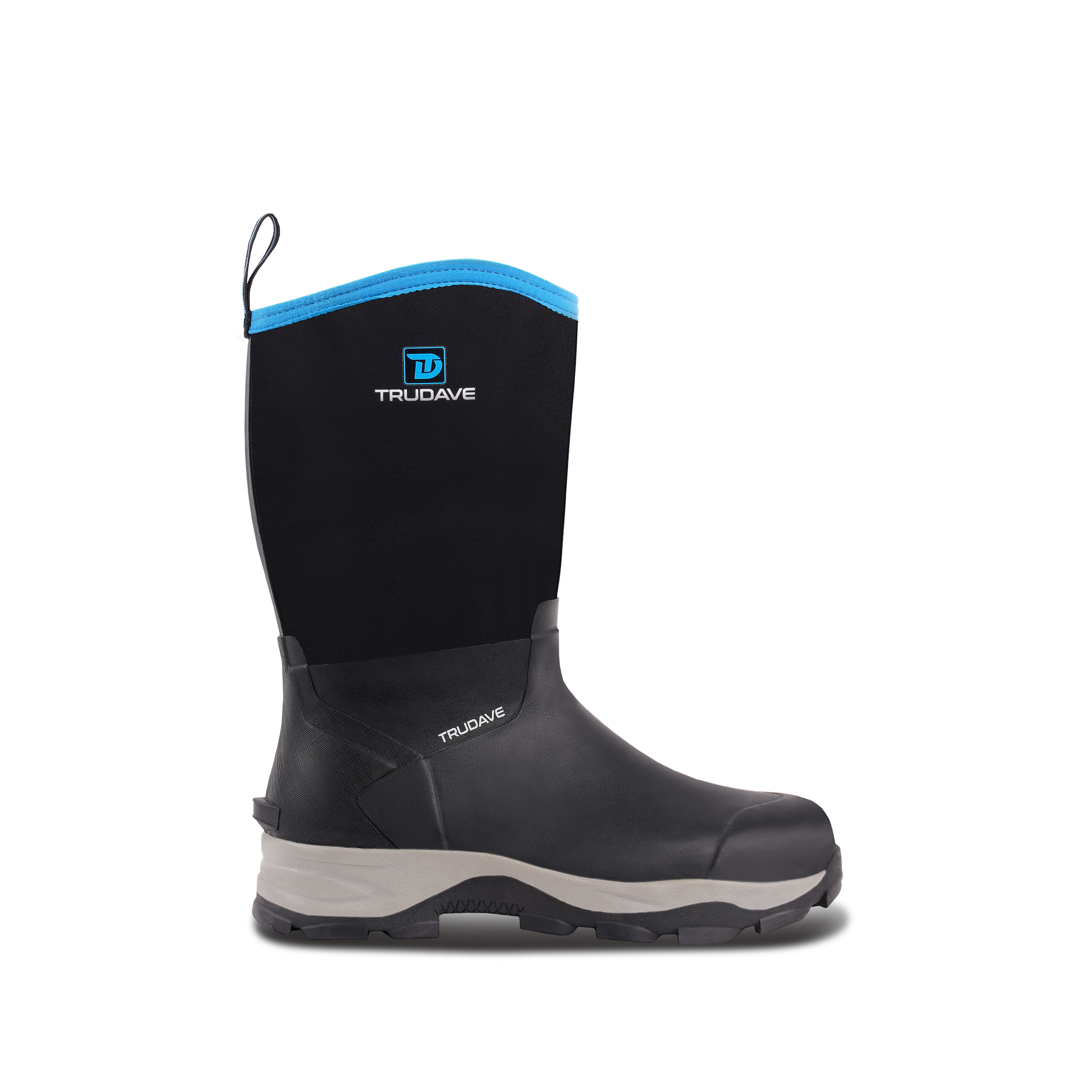 Side view of Trudave AquaGuard Series men’s mid-calf waterproof rubber rain boots in black showing sleek durable shell and traction sole for wet weather work