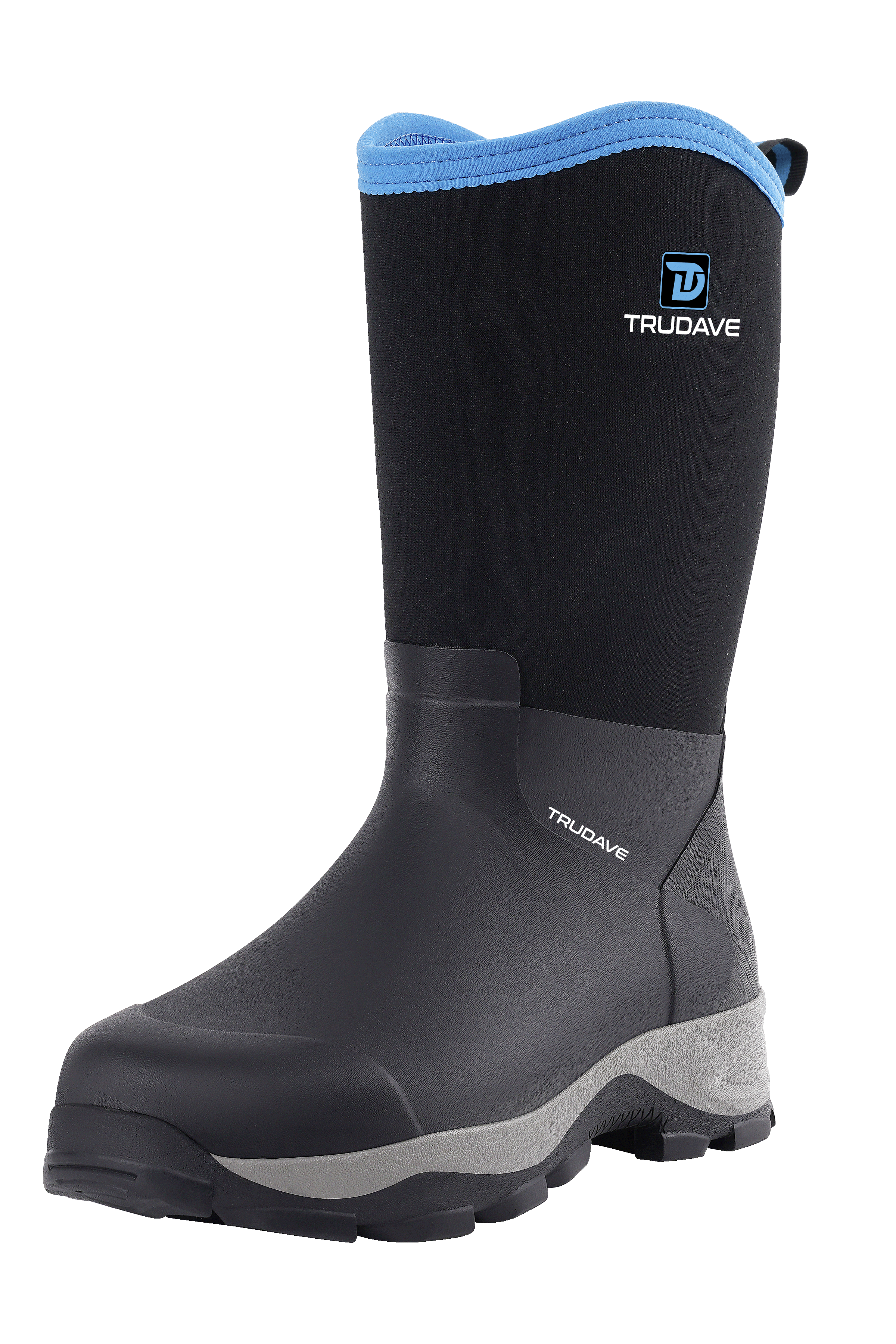 Side view of Trudave AquaGuard Series men’s mid-calf waterproof rubber rain boots in black showing sleek durable shell and traction sole for wet weather work
