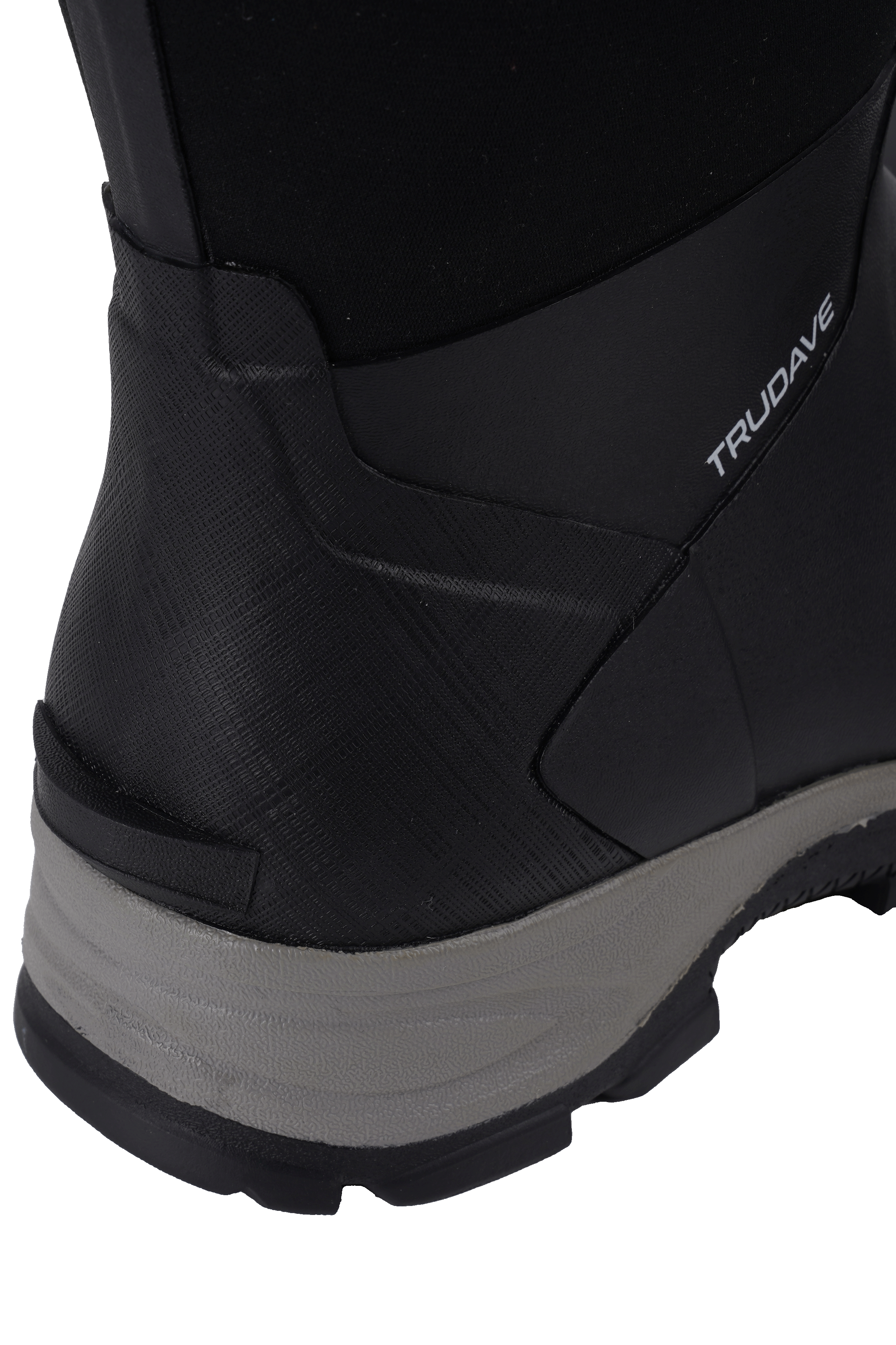 Heel close-up of Trudave AquaGuard Series men’s mid-calf waterproof rubber rain boots in black showing rear kick tab for easy on and off