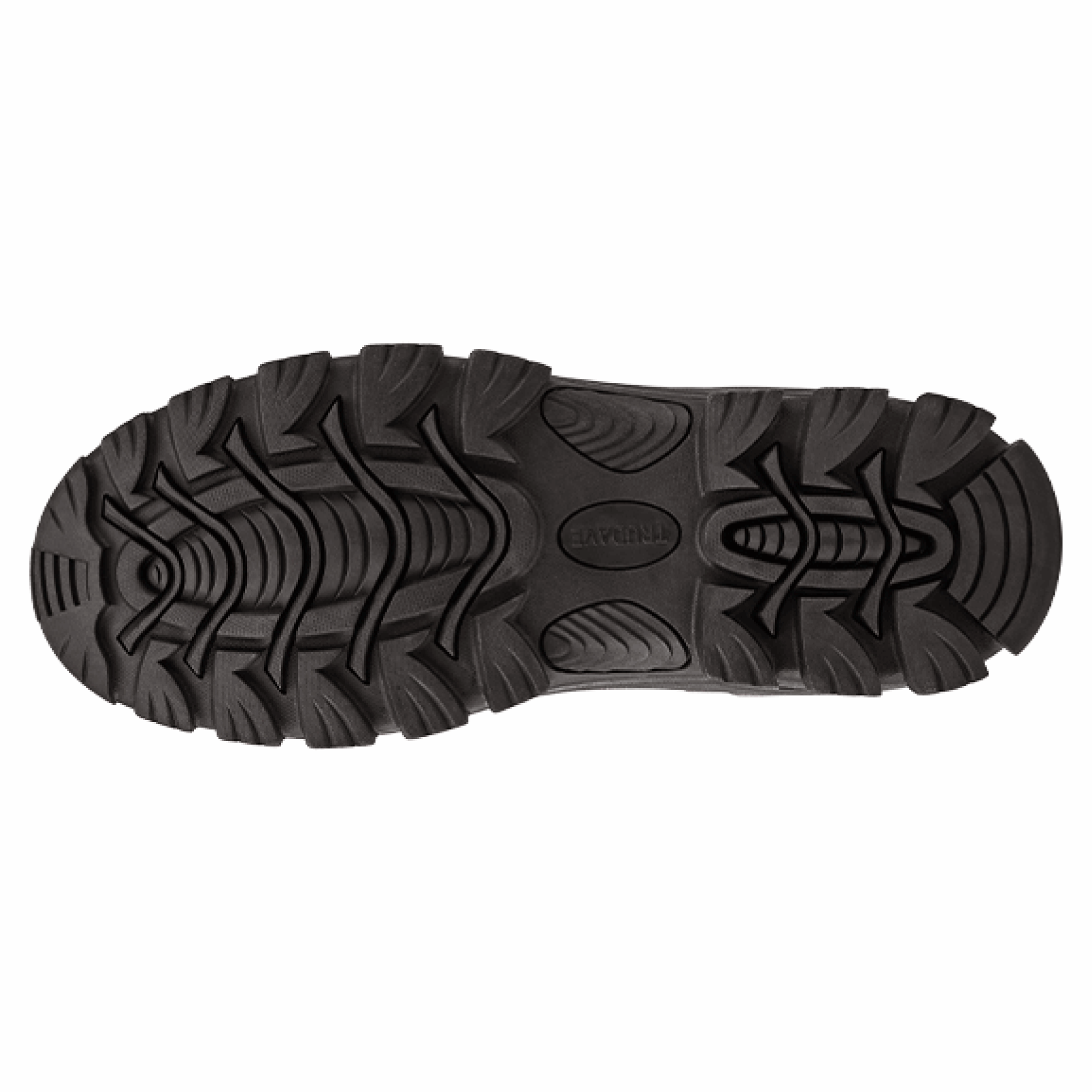 Close-up of outsole tread on Trudave MudGuard Series women’s black mid-calf waterproof garden boots showing slip-resistant pattern and durable rubber sole for gardening and outdoor work