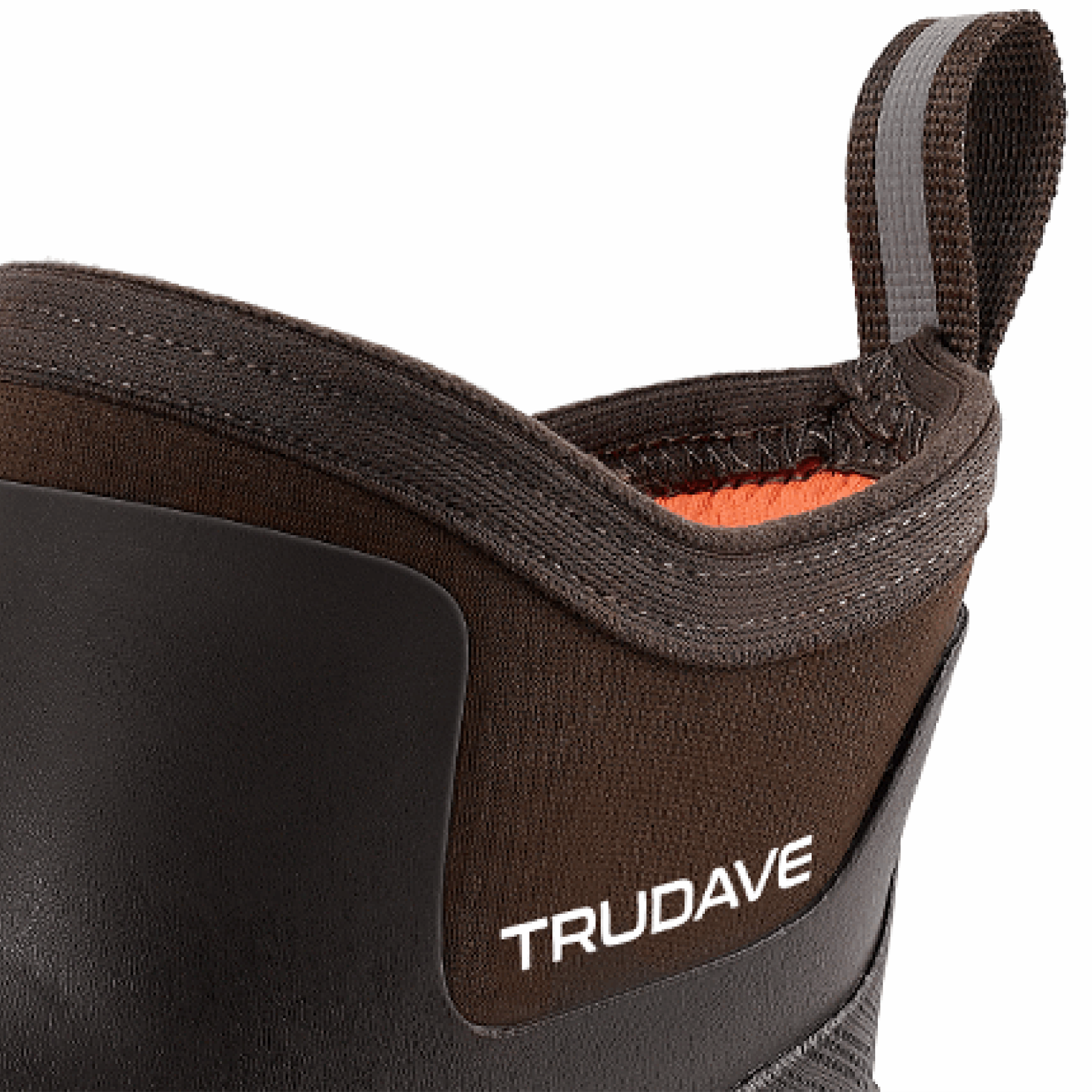 Close-up of reinforced pull loop and collar stitching on Trudave MudGuard Series women’s brown mid-calf waterproof garden boots showing durable construction and easy-on design for gardening