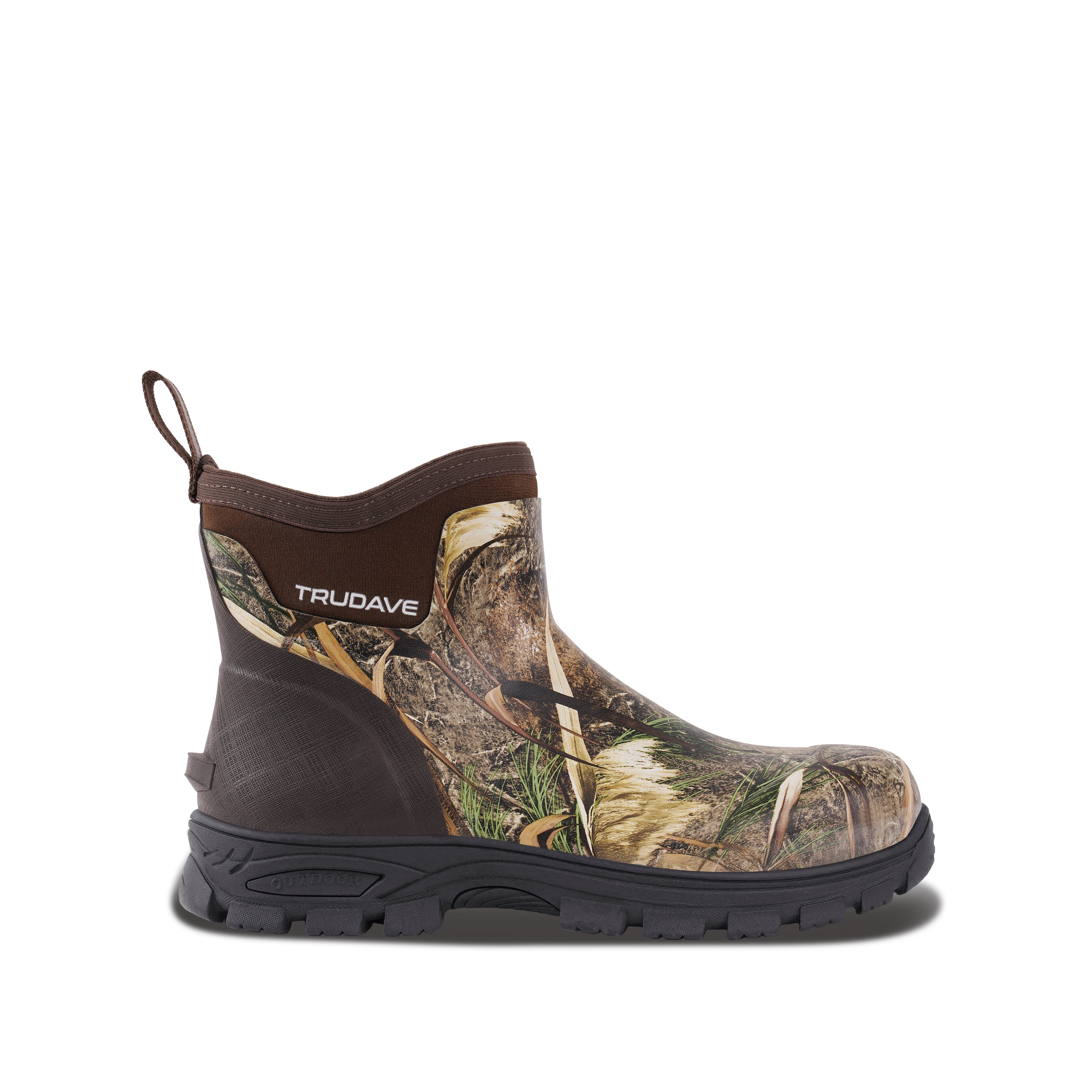 Side view of Trudave HuntGuard Series men’s waterproof ankle rubber rain boots in reed grass color showing non-slip sole and durable outdoor design for garden work