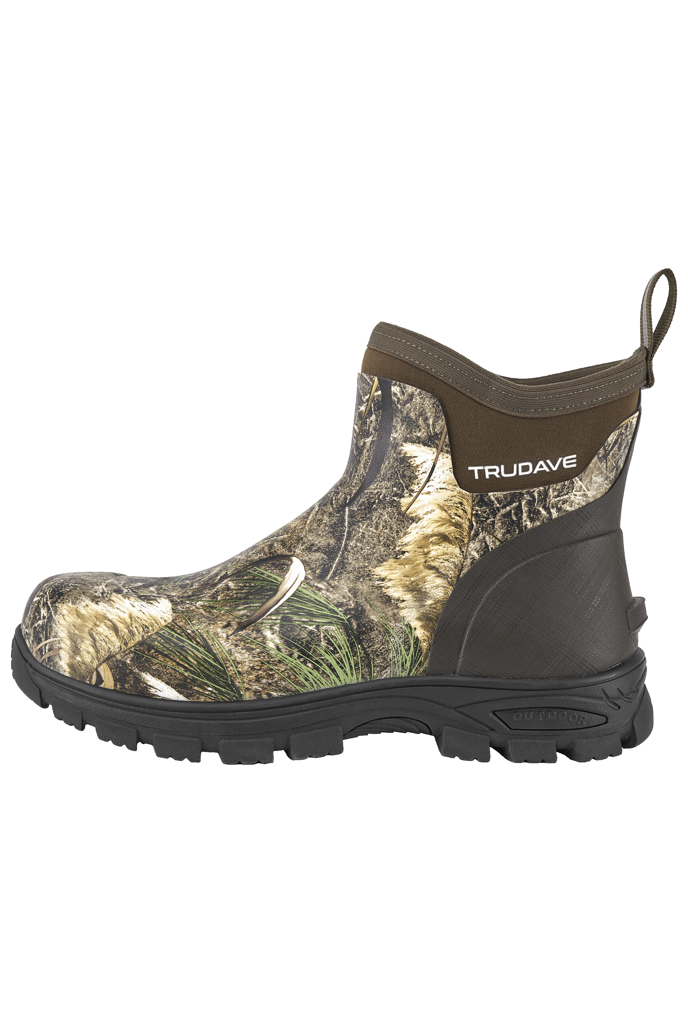 Side view of Trudave HuntGuard Series men’s waterproof ankle rubber rain boots in reed grass camo showing durable waterproof shell and non-slip sole for garden and outdoor work