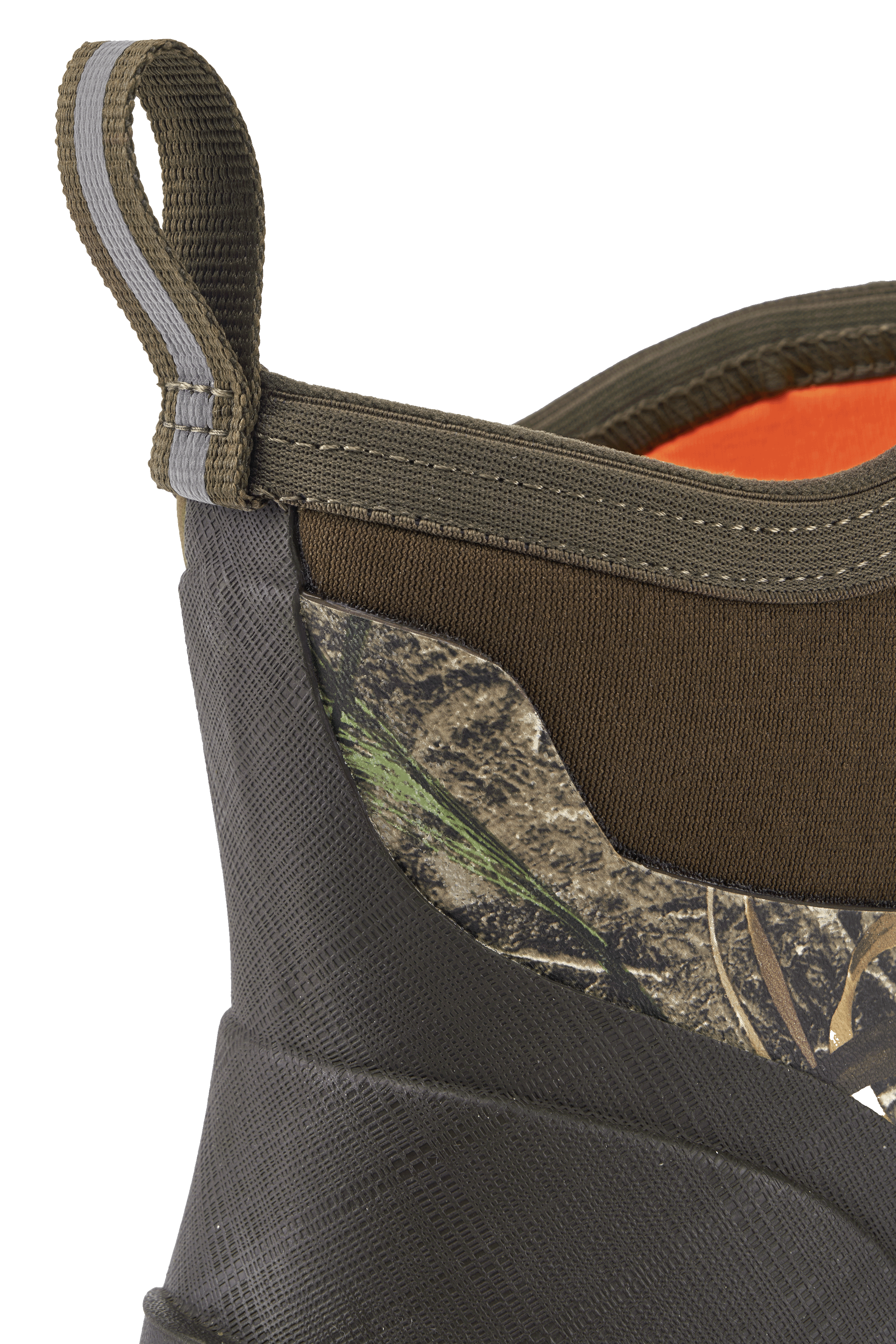 Top close-up of Trudave HuntGuard Series men’s waterproof ankle rubber rain boots in reed grass camo showing reinforced boot opening and pull loop for easy on and off