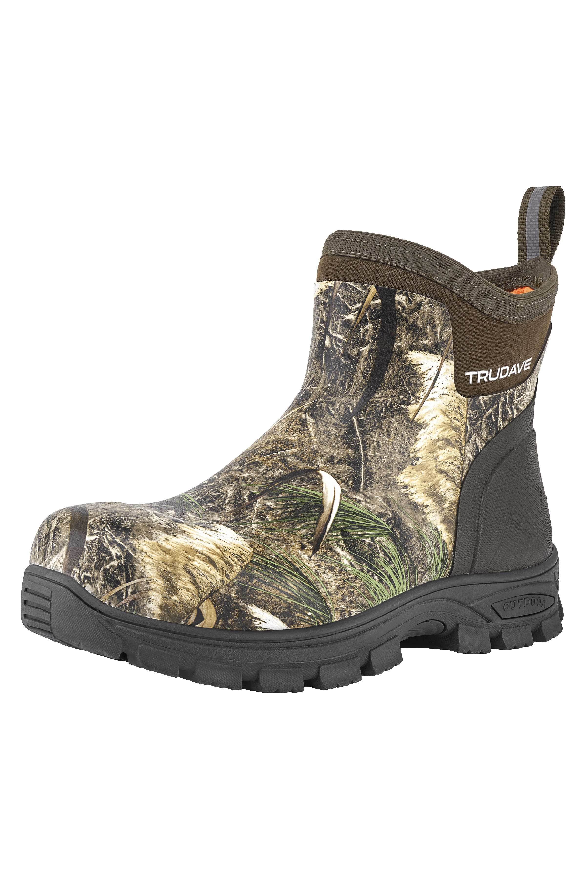 Side view of Trudave HuntGuard Series men’s waterproof ankle rubber rain boots in reed grass camo showing durable waterproof shell and non-slip sole for garden and outdoor work