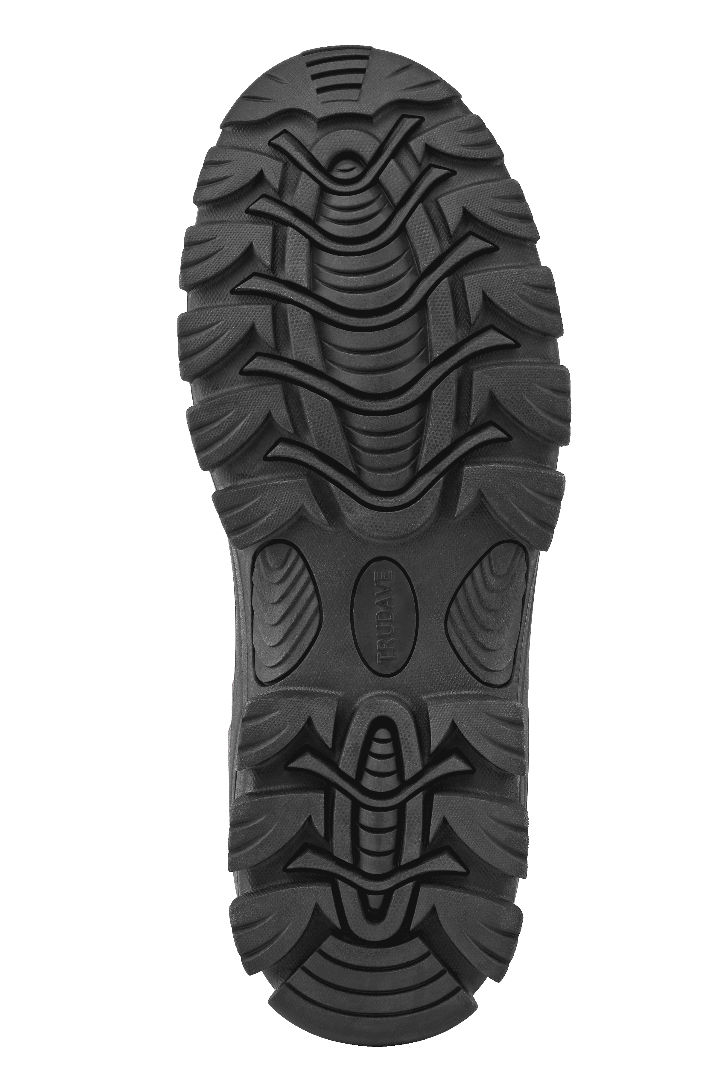 Outsole close-up of Trudave HuntGuard Series men’s waterproof ankle rubber rain boots in reed grass camo showing deep tread traction and slip-resistant design for outdoor work