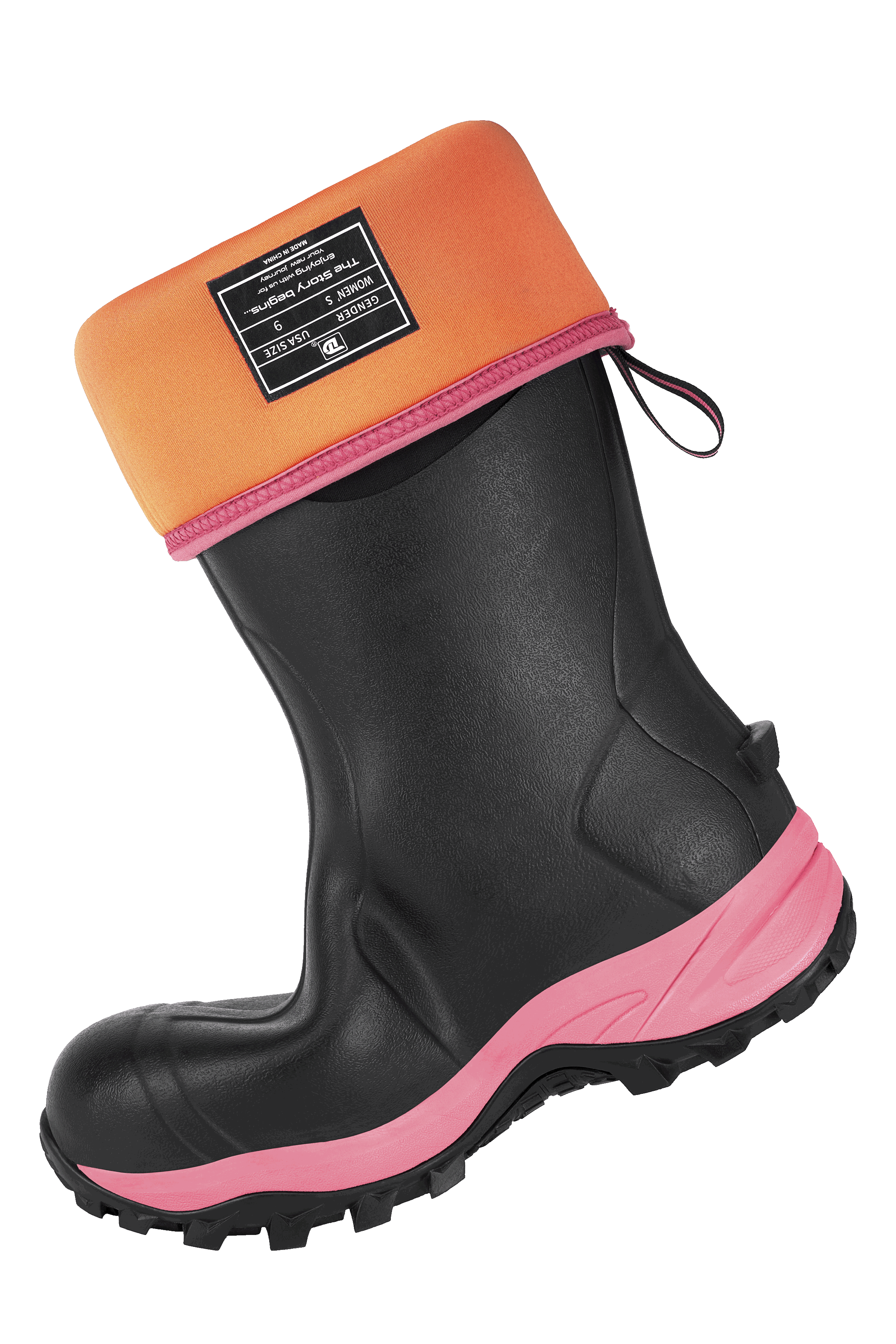 Side view of Trudave HeatHold Series women’s tall waterproof insulated rubber boots with folded shaft showing orange lining, pink trim, and flexible waterproof design for rain and garden use
